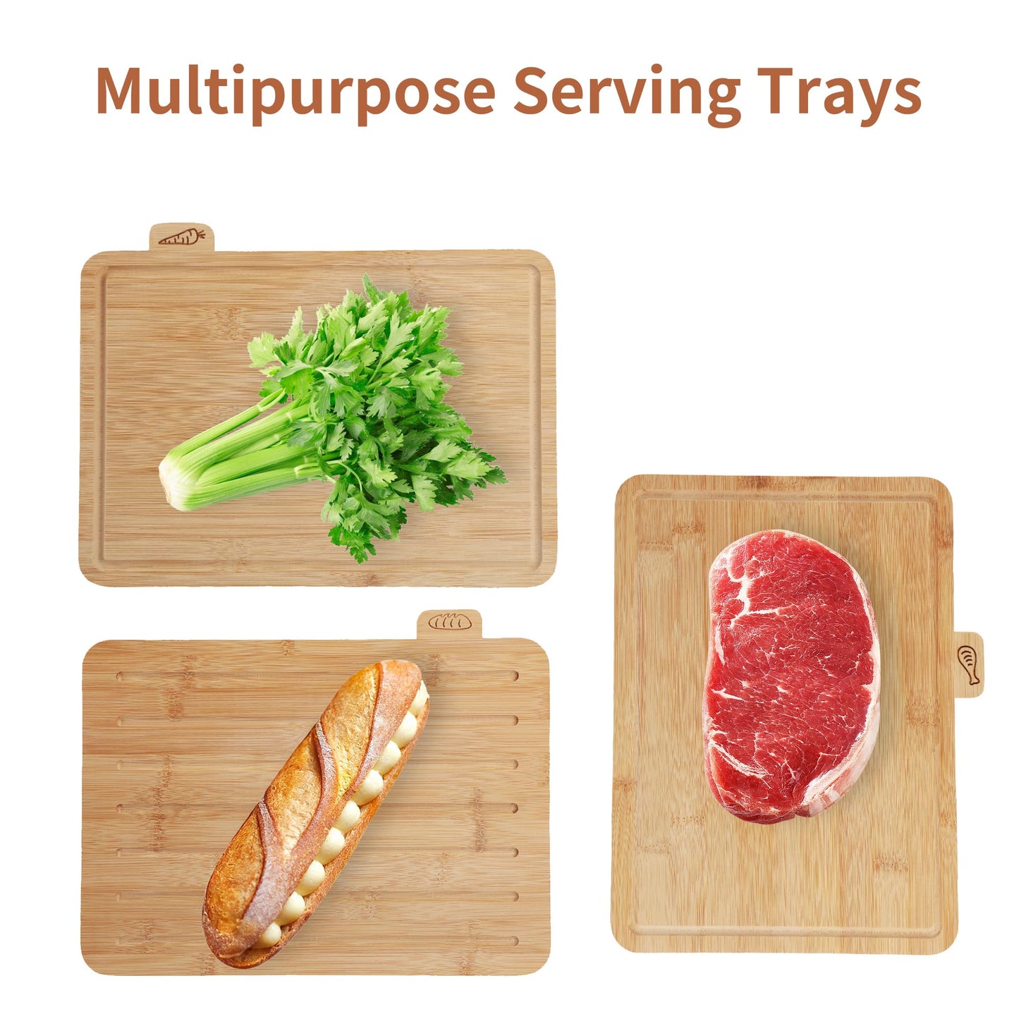 Fiery Chef 12.6"L x 9"W Bamboo Cutting Board Set of 4 - Wood Cutting Board Set with Holder, Chopping Boards Set with Food Icons, Juice Groove - Ideal for Meat, Fish, Bread, Vegetable, Fruit Chopping