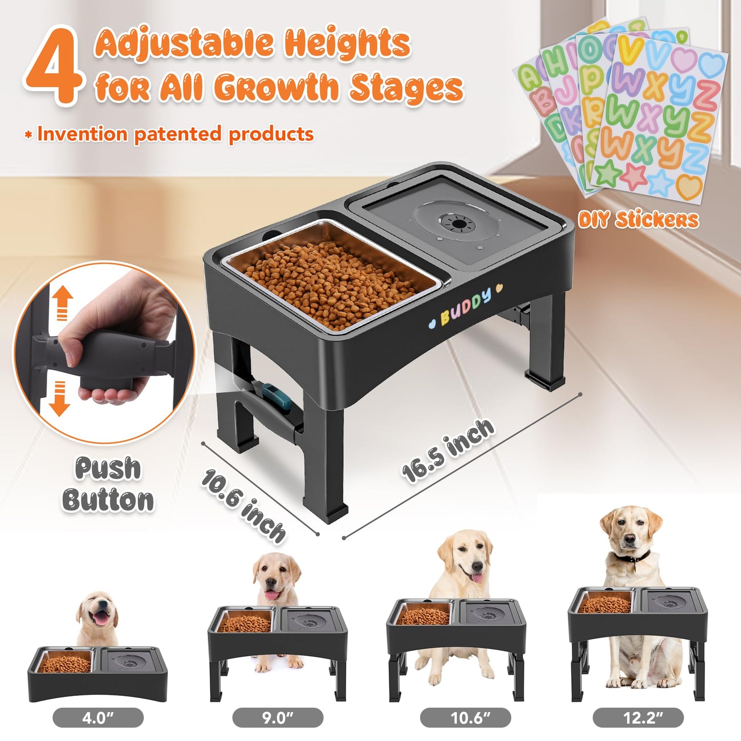 Decflow 3-in-1 Elevated Dog Bowls, 4 Height Adjustable Raised with Stainless Steel, Slow Feeder, No Spill Water Bowl, DIY Stickers Foldable Pet Bowl for Medium Large Dogs