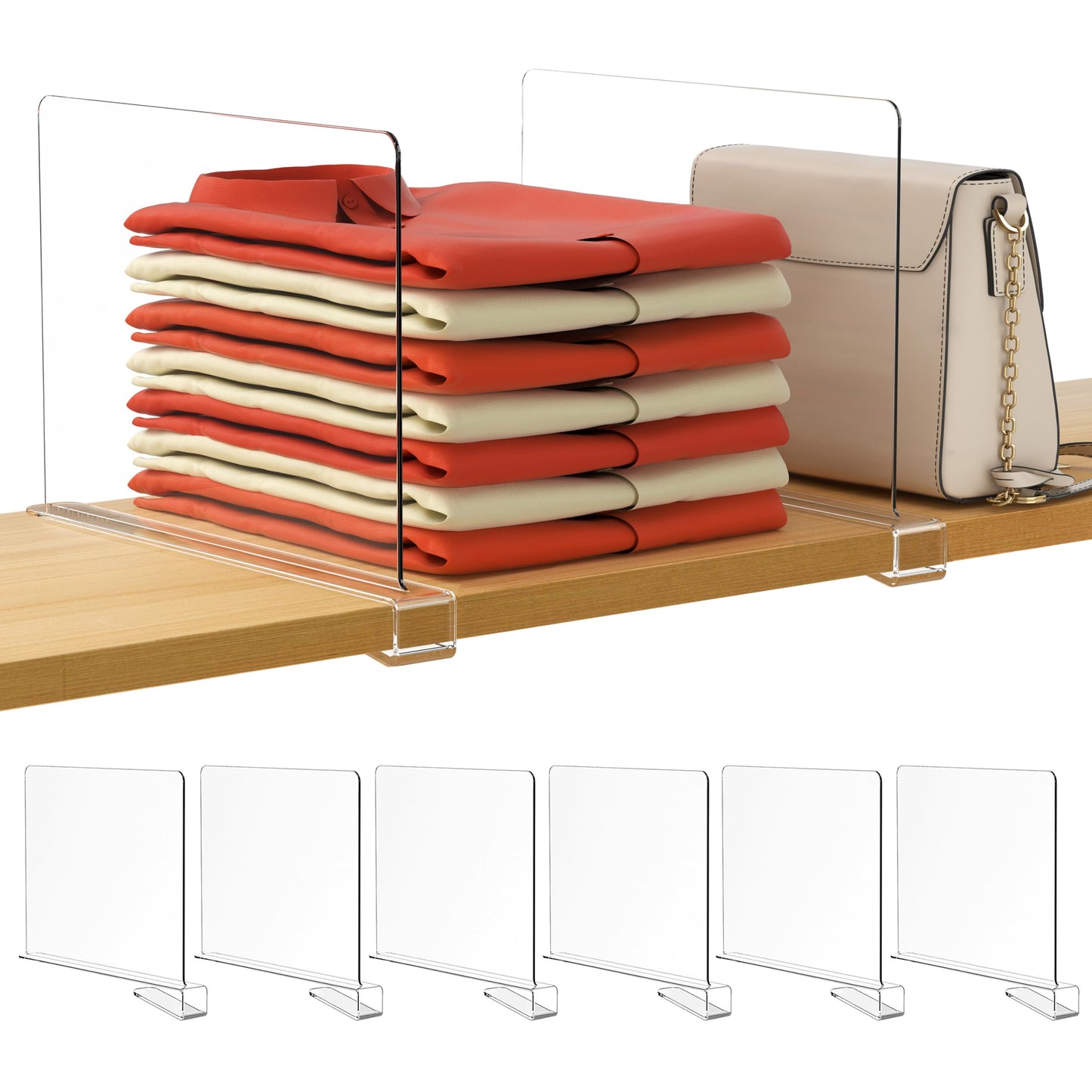 HBlife 6 Pack Clear Shelf Dividers, Vertical Purse Organizer for Closet Perfect for Sweater, Shirts, Handbags in Bedroom and Kitchen, Adjustable Acrylic Bookshelf for Organization