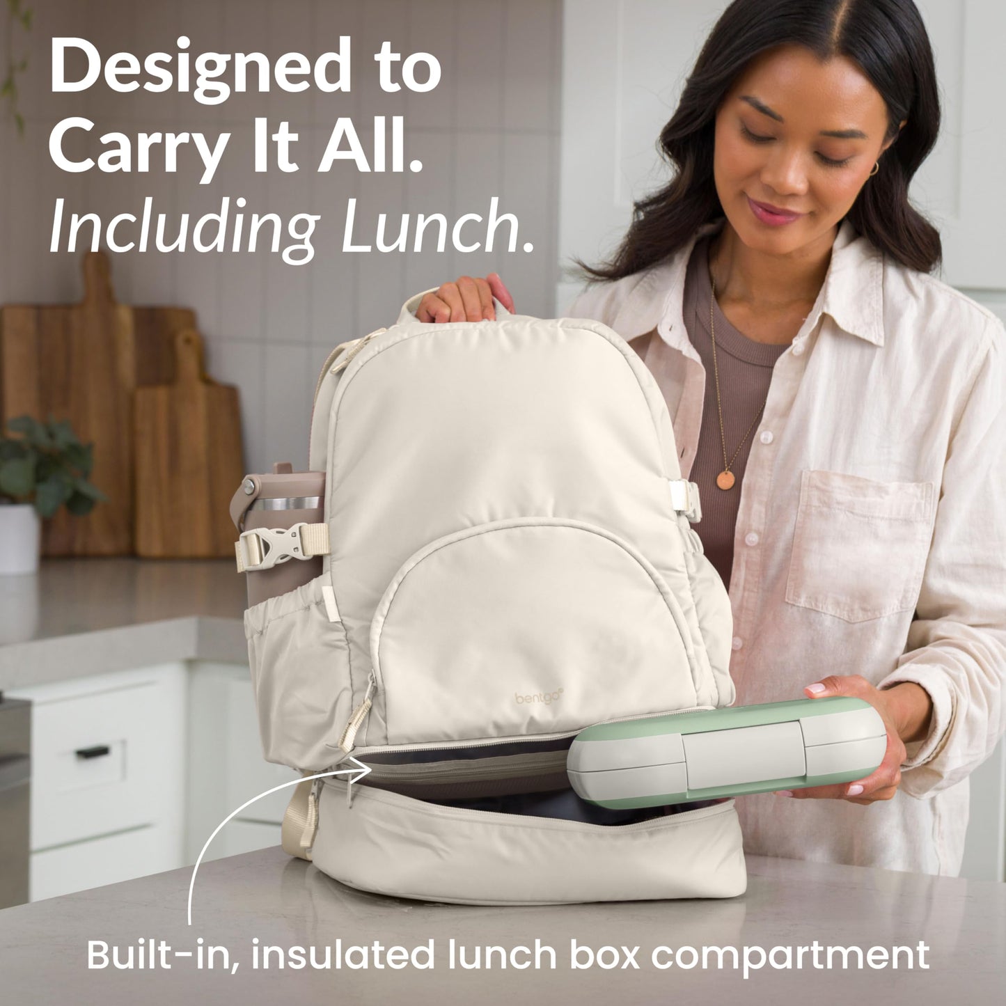 Bentgo® 2-in-1 Adult Backpack & Insulated Lunch Bag – Lightweight, Water-Resistant Travel Backpack with 9 Compartments, Laptop Sleeve & Trolley Sleeve for Work & Everyday Use (Bone)