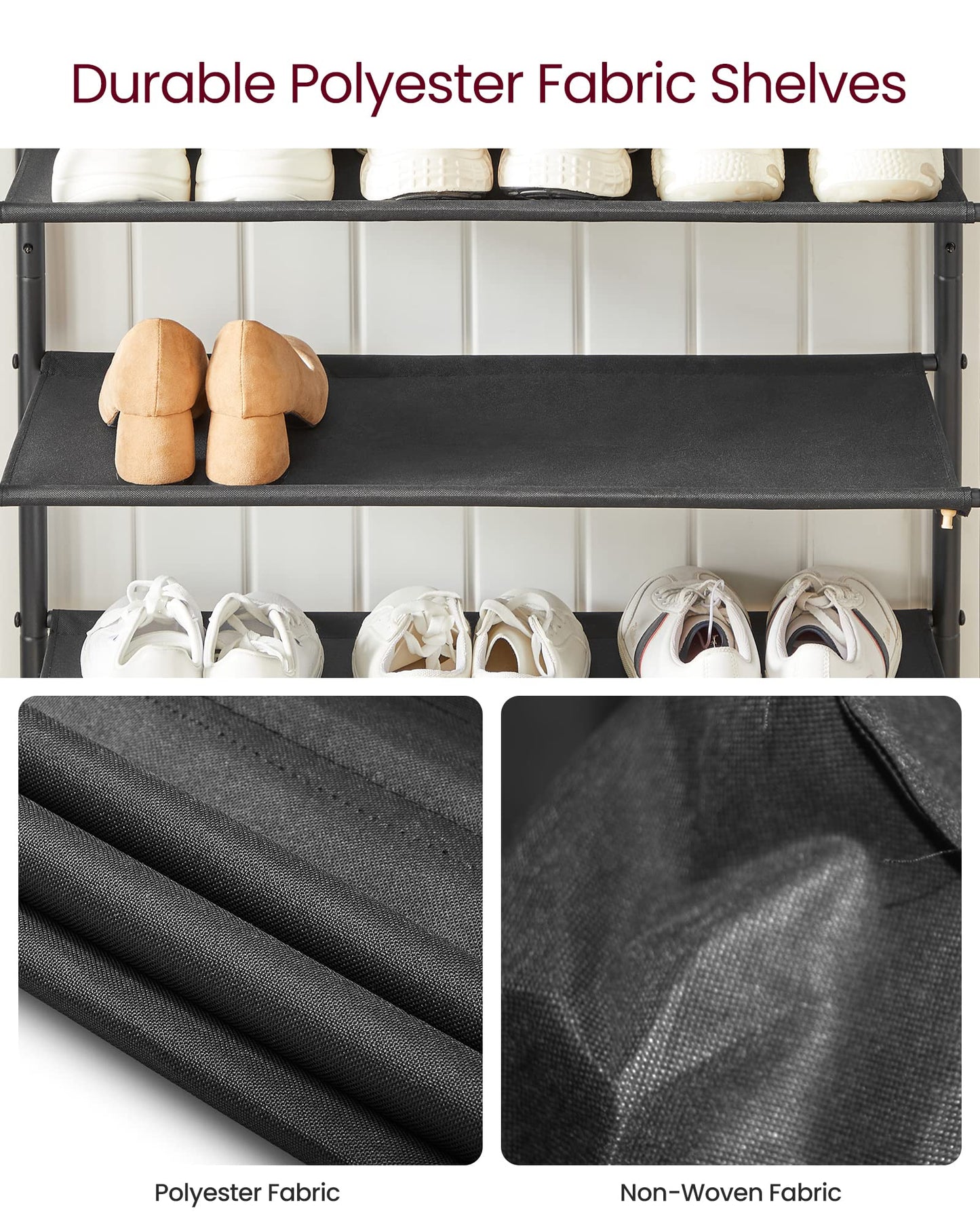 VASAGLE Shoe Rack, 5 Tier Shoe Storage Rack for 12-16 Pairs of Shoes, Shoe Organizer for Entryway, with 4 Fabric Shelves and Top Panel, Steel Frame, Rustic Brown and Black ULBS036B01