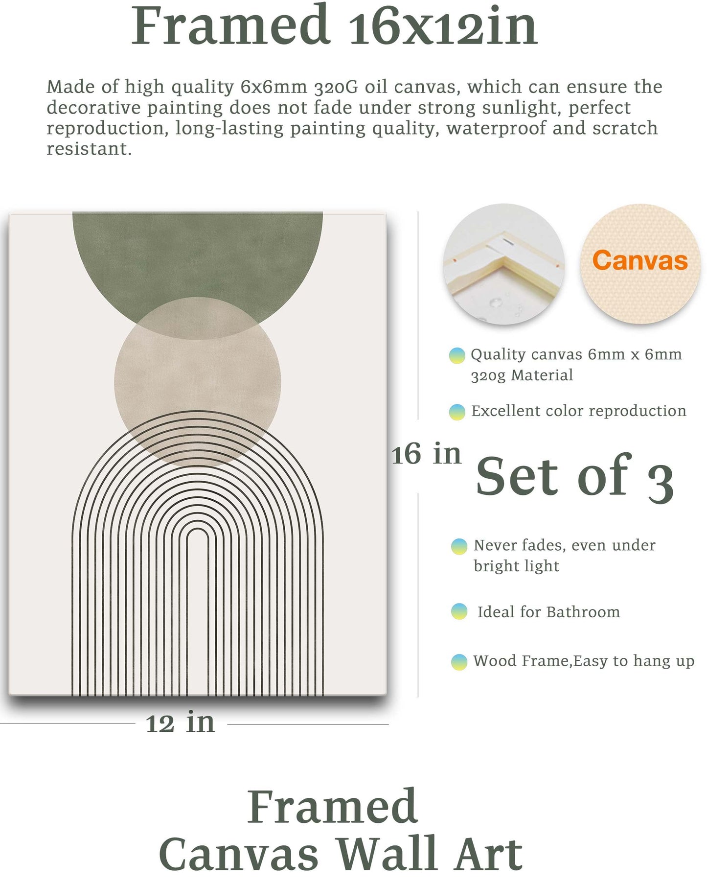 HesenDot Sage Green Boho Wall Art,30x40CM Framed Canvas Posters Prints,Minimalist Wall Decor Pictures,Mid-Century Modern Wood Framed Abstract Printing for Living Room Bedroom Bathroom Office,Set of 3