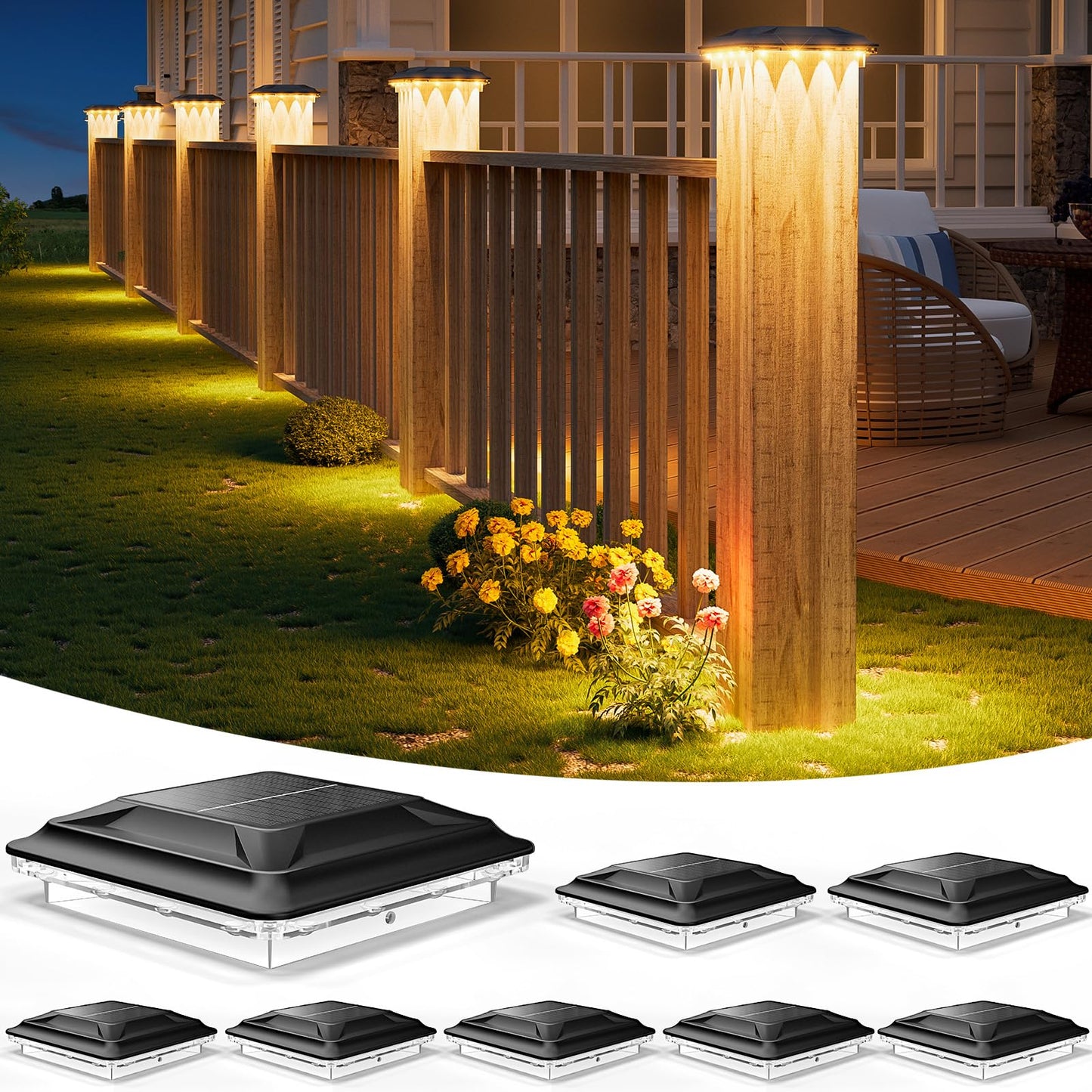 Upgraded Solar Post Cap Lights Outdoor 8pack, 3-in-1 Selectable Color (Warm White/Cool White/Daylight), Waterproof Downward Lighting for 4x4 Wood/Vinyl Fence Posts, Ideal for Deck Yard Stair Railing