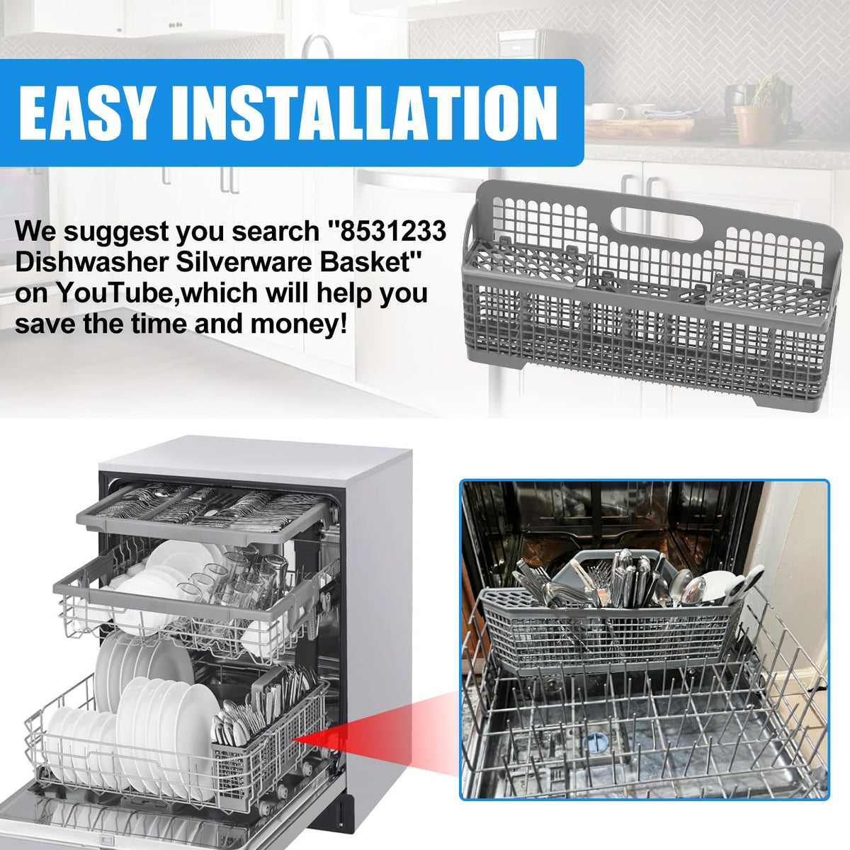 UPGRADED 8531233 WP8562043 Dishwasher Silverware Basket Replacement, Fits For Kitchenaid Kenmore Whirlpool Dishwasher Utensil Basket Parts KDFE104HPS0 KDTE334GPS0 Universal Dishwasher Cutlery Basket