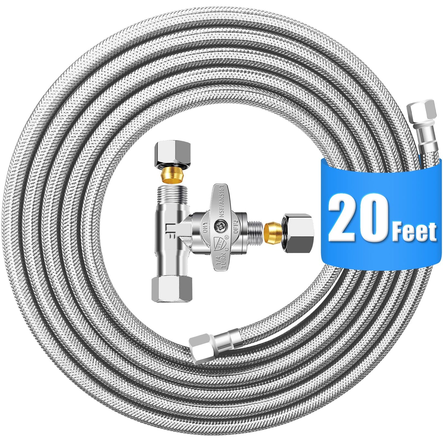Premium Stainless Steel Braided Refrigerator Water Line - 20FT with Tee Stop Valve, Foodgrade PEX Inner Tube Ice Maker Water Line with 1/4" Fittings
