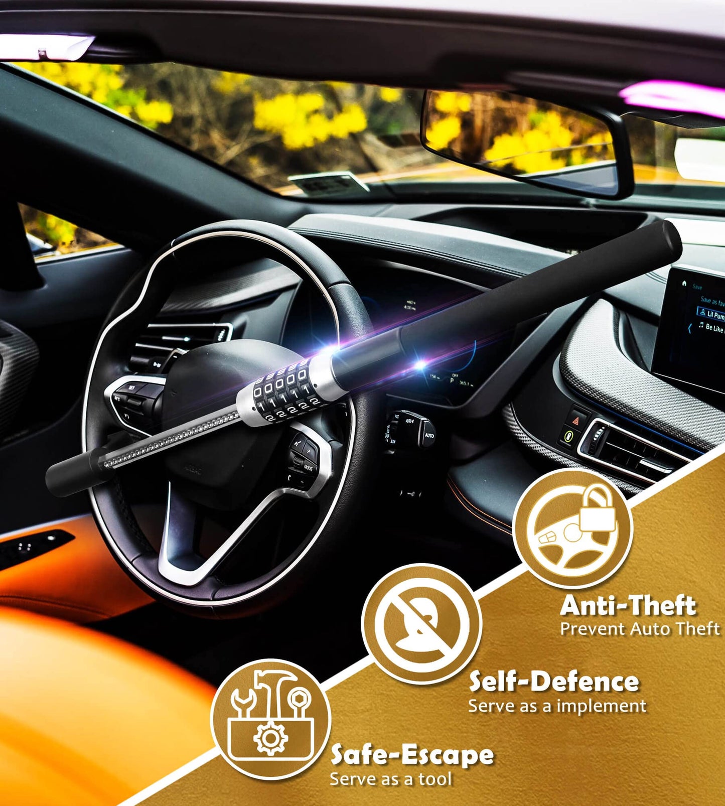 Tevlaphee Steering Wheel Lock, Car Lock Anti Theft Keyless Extendable Retractable Password 5 Coded Combination Lock, Heavy Duty Universal Fit (Black)
