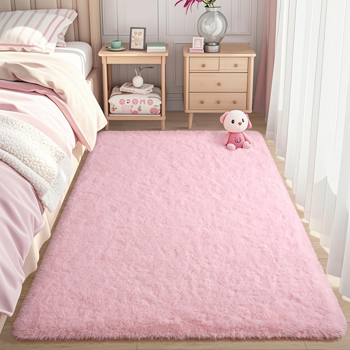 Keeko Extra Soft Area Rugs for Living Room Bedrooms, 5x7 Pink Fluffy Washable Bedroom Large Area Rug Cute Faux Fur Rug High Pile Carpet Indoor Rug for Girls Kids Nursery Baby Room Decor