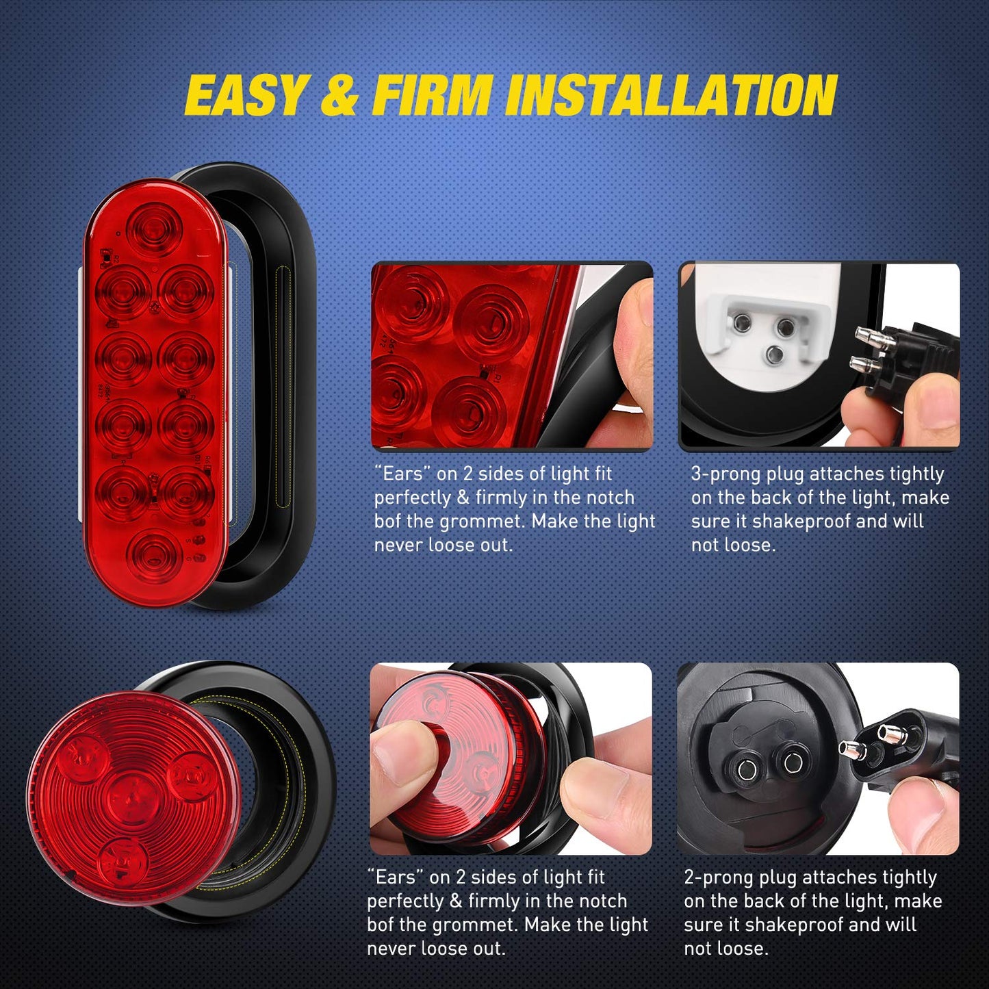 Nilight 2PCS Steel Trailer Light Boxes Housing Kit w/6Inch Oval Red LED Trailer Tail Lights 2 Inch Round Red LED Side Marker Lights w/Grommet Plugs Wire connectors