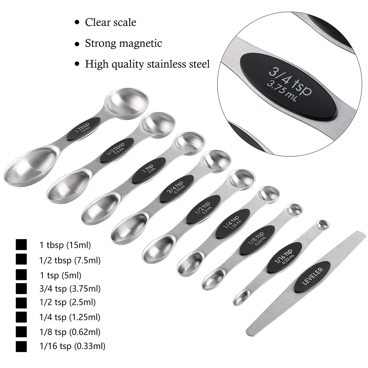 Measuring Cups and Spoons Set Stainless Steel Includes 8 Heavy Duty Measuring Cups 8 Double Sided Magnetic Measuring Spoons and 1 Leveler for Dry and Liquid Ingredients