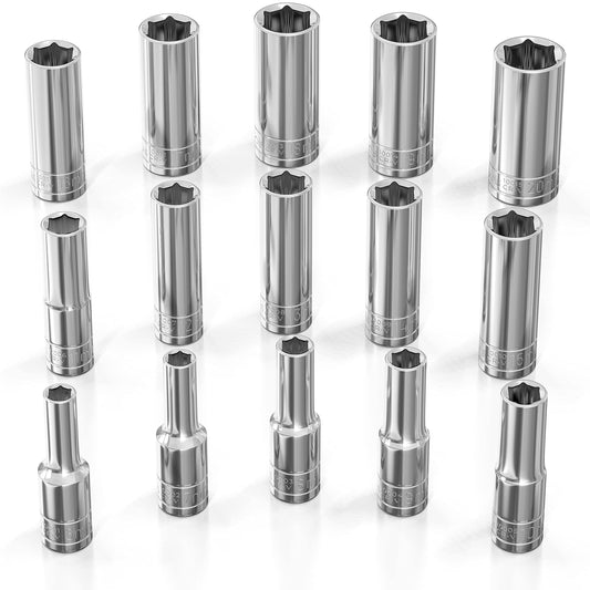 Olsa Tools Metric Socket Set (15pc) | 3/8-Inch Drive | 6-Point Deep Socket Set | Metric Sizes from 6 mm to 20 mm | Mechanic Metric Socket Sets | Long Chrome Sockets | Professional Grade