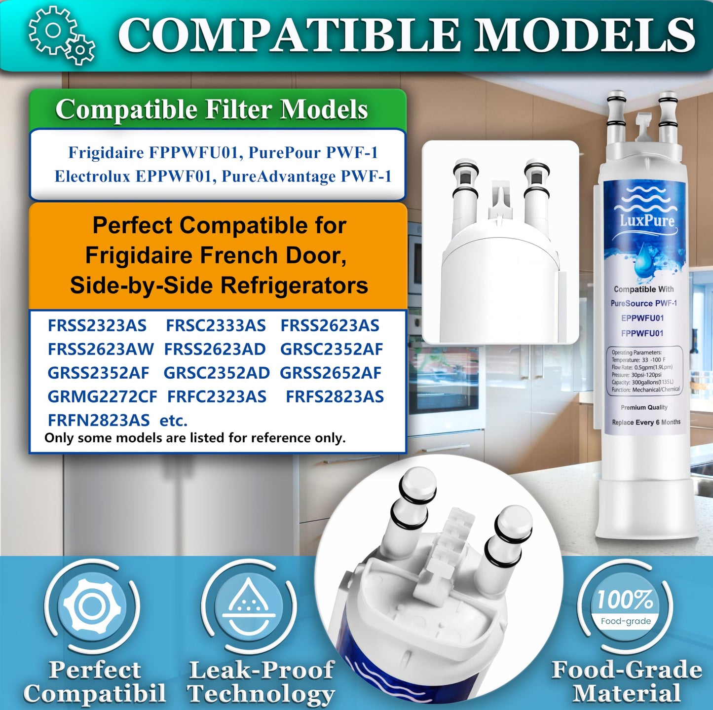 LuxPure Refrigerator Water Filter & Air Filter Replacement Compatible with Frigidaire FPPWFU01 PurePour PWF-1 Electrolux EPPWF01 Water Filter and PAULTRA2 PureAir Ultra II Air Filter, 3+3 Combo Pack