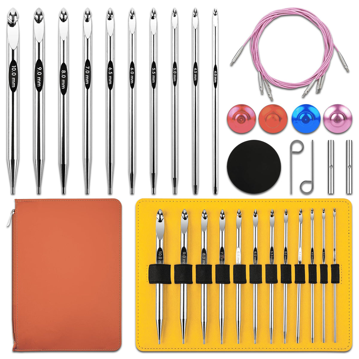 Tunisian Crochet Hooks Set with Cable, 26PCS Interchangeable Aluminum Crochet Hooks 3mm-10mm, Long Crochet Hooks, Anti-Twist Swivel Cables, Ergonomic Lightweight Crochet Hook Set with Case