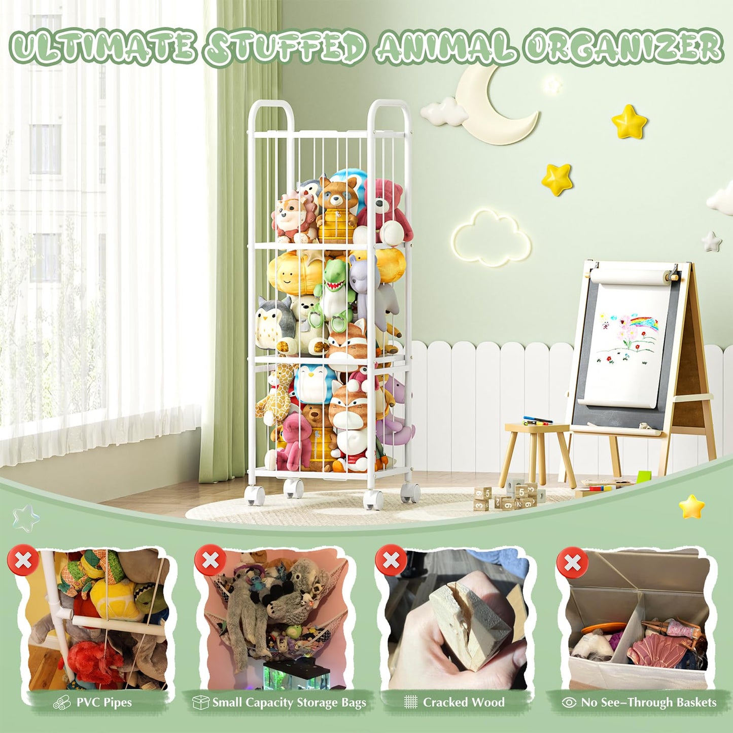 Stuffed Animal Storage with Brake Wheels,Metal Tube Toy Storage Organizer Extra Large Stuffed Animal Holder, Stuffed Animal Zoo Organizer for Nursery Playroom Kids Room White(53.5” x 18.1”x 13”)