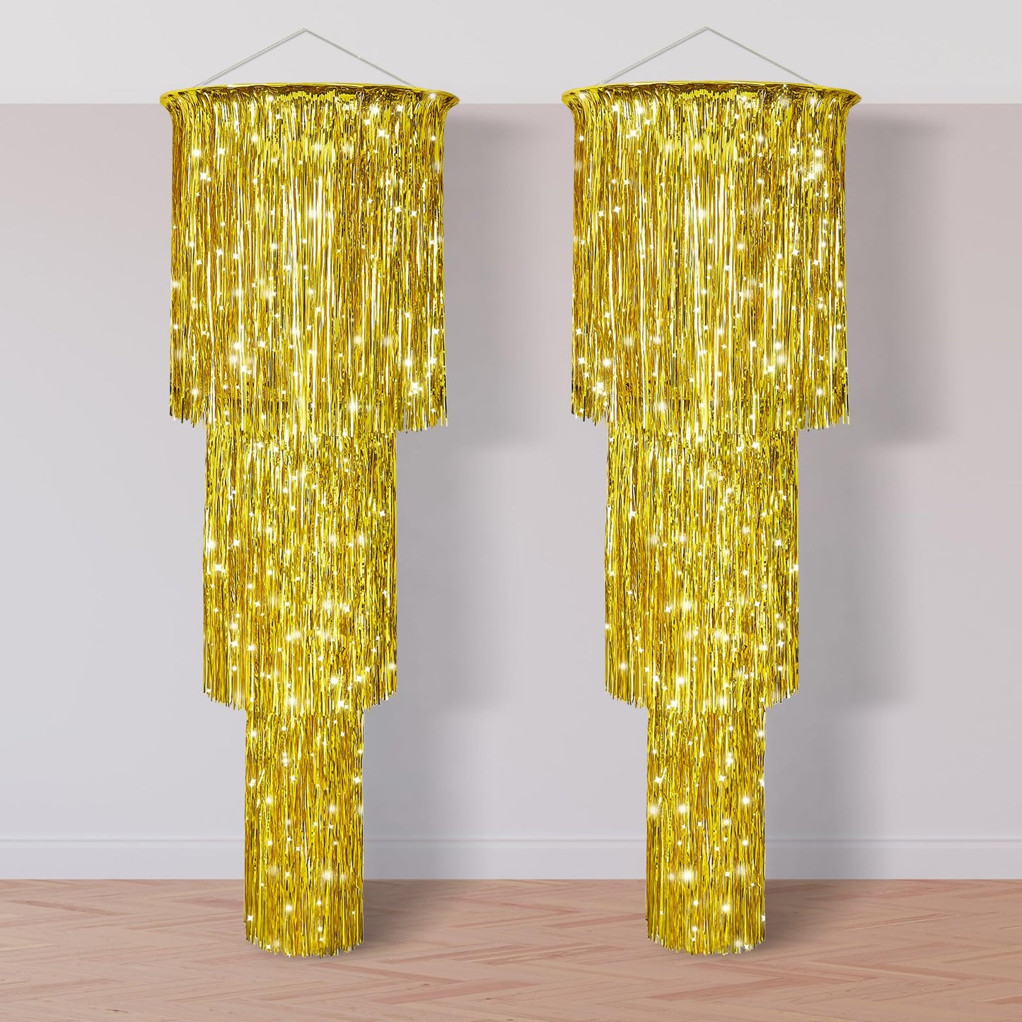 Tatuo 2 Pcs 3 Tier Metallic Tinsel Chandelier Shimmering Fringe Chandelier Decor Hanging Decoration Photo Booth Backdrop for Birthday Anniversary Wedding New Year's Eve Party Supplies, 4 ft (Gold)