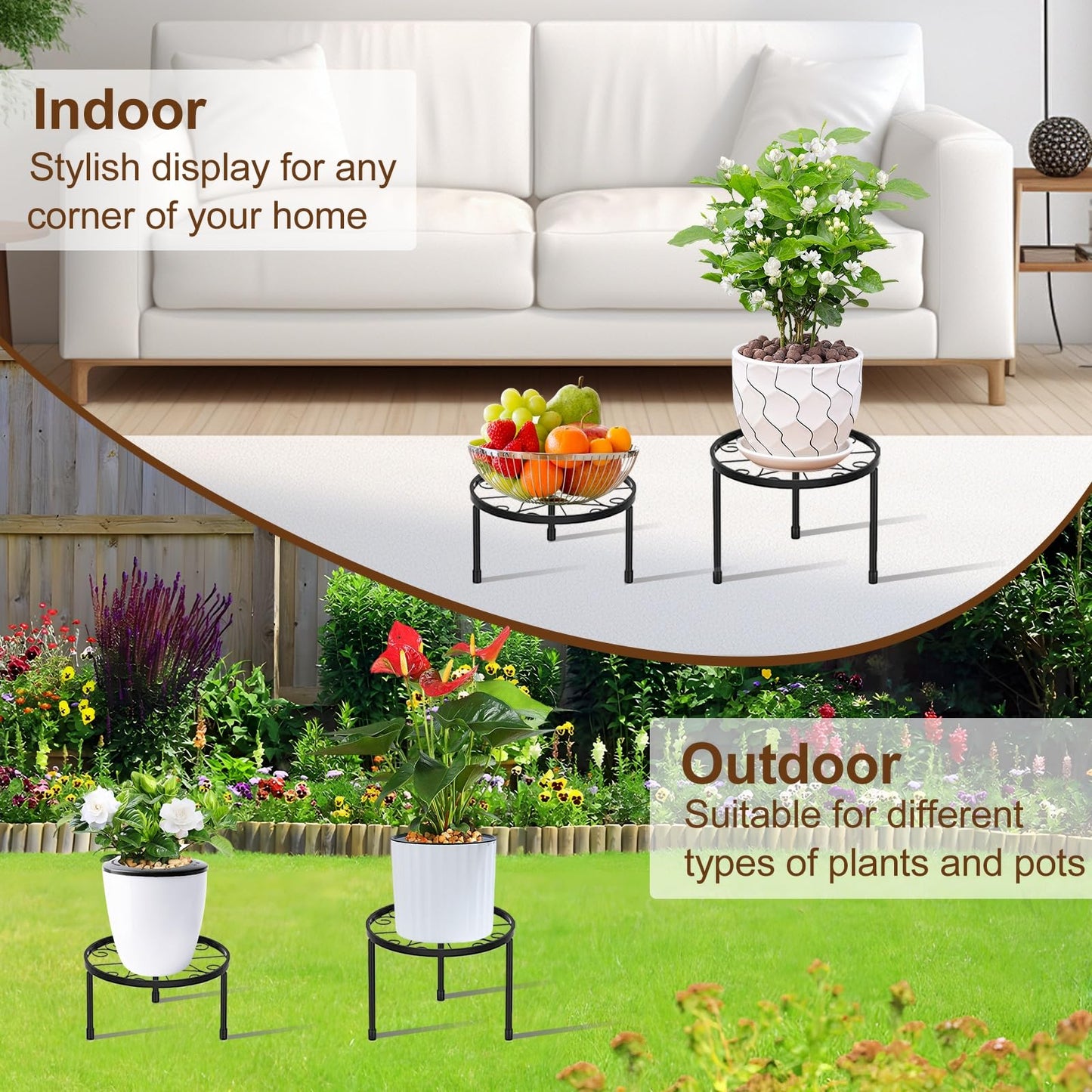 FABOMEI 5-Pack Metal Plant Stands Indoor & Outdoor, Anti-Rust Iron, Heavy Duty, Black
