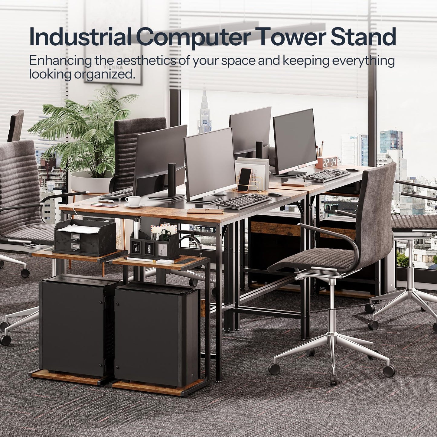 HOOBRO Computer Tower Stand, PC Stand with Charging Station, 2-Tier PC Tower Stand with Locking Caster Wheels, CPU Stand Fits Most PCs, for Floor, for Home Office Rustic Brown BF01UCJ01G1