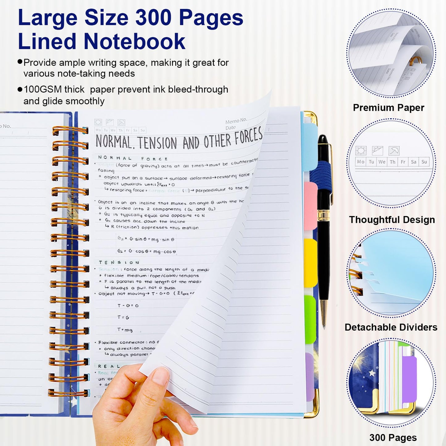 Spiral Journal Notebooks for Work, 300 Pages 5 Subject Notebook College Ruled with Dividers & Tabs, Notebook Journal for Women Students Note-Taking and Organizer (Starlit Meteor, B5(8"x10"))