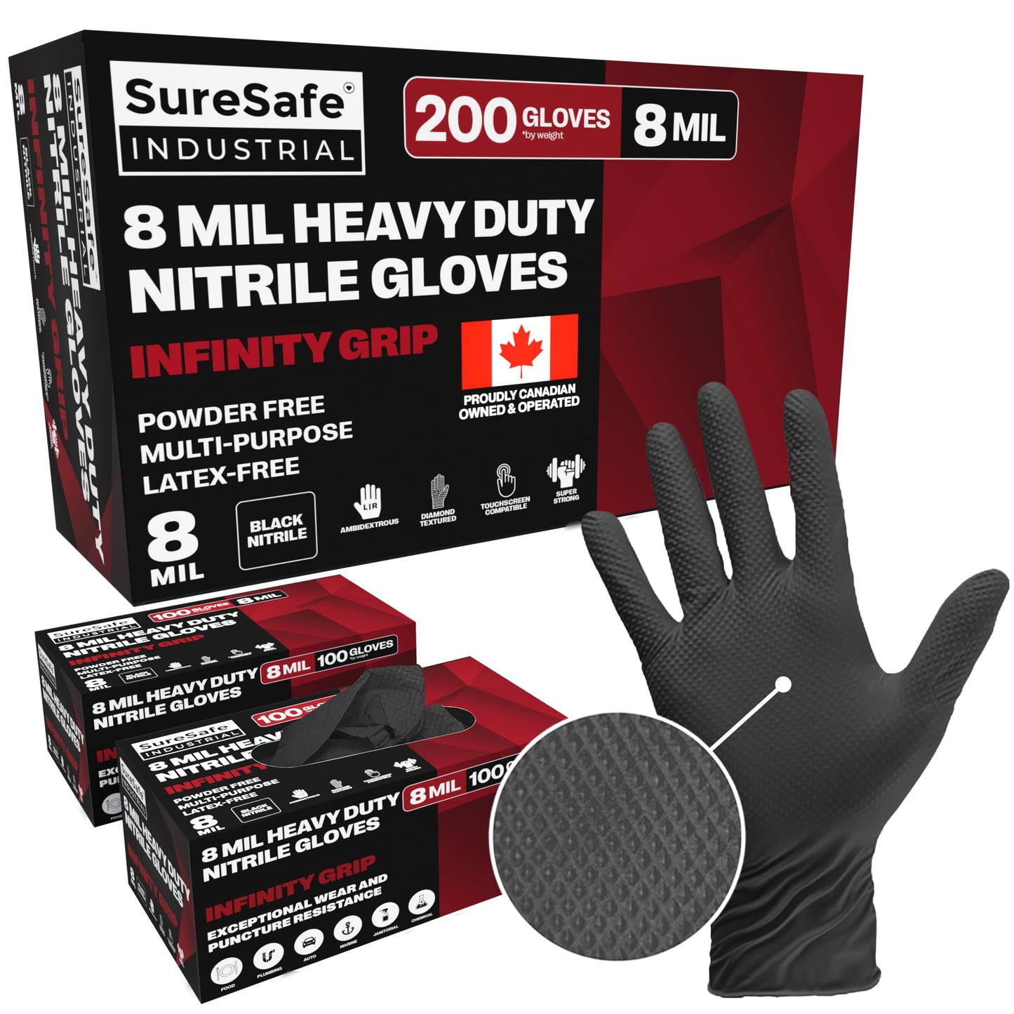 [200 Pack] SURESAFE 8 Mil Nitrile Gloves XXL, Black Disposable Gloves, Powder & Latex Free, Diamond Grip, Fully Textured & Ribbed, For Work, Mechanics, BBQ, Butcher, Plumbing, Food Prep