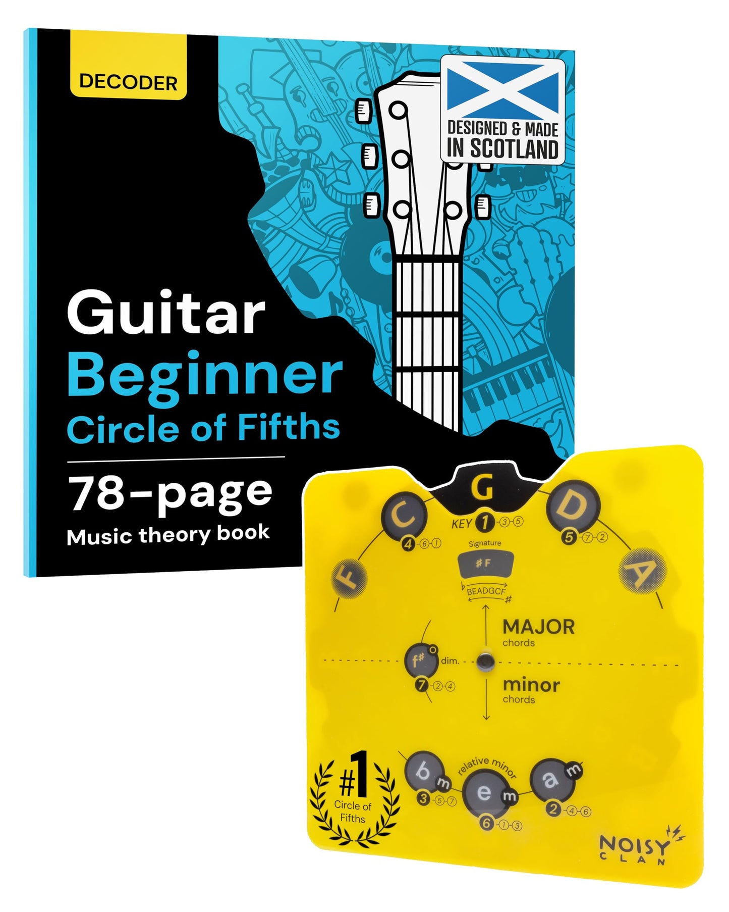 Noisy Clan Guitar Circle of Fifths Wheel & 78-Page Theory Book - Identify Keys and Transpose Music Easily - Master Songwriting and Composition - Durable 6" x 6" Decoder