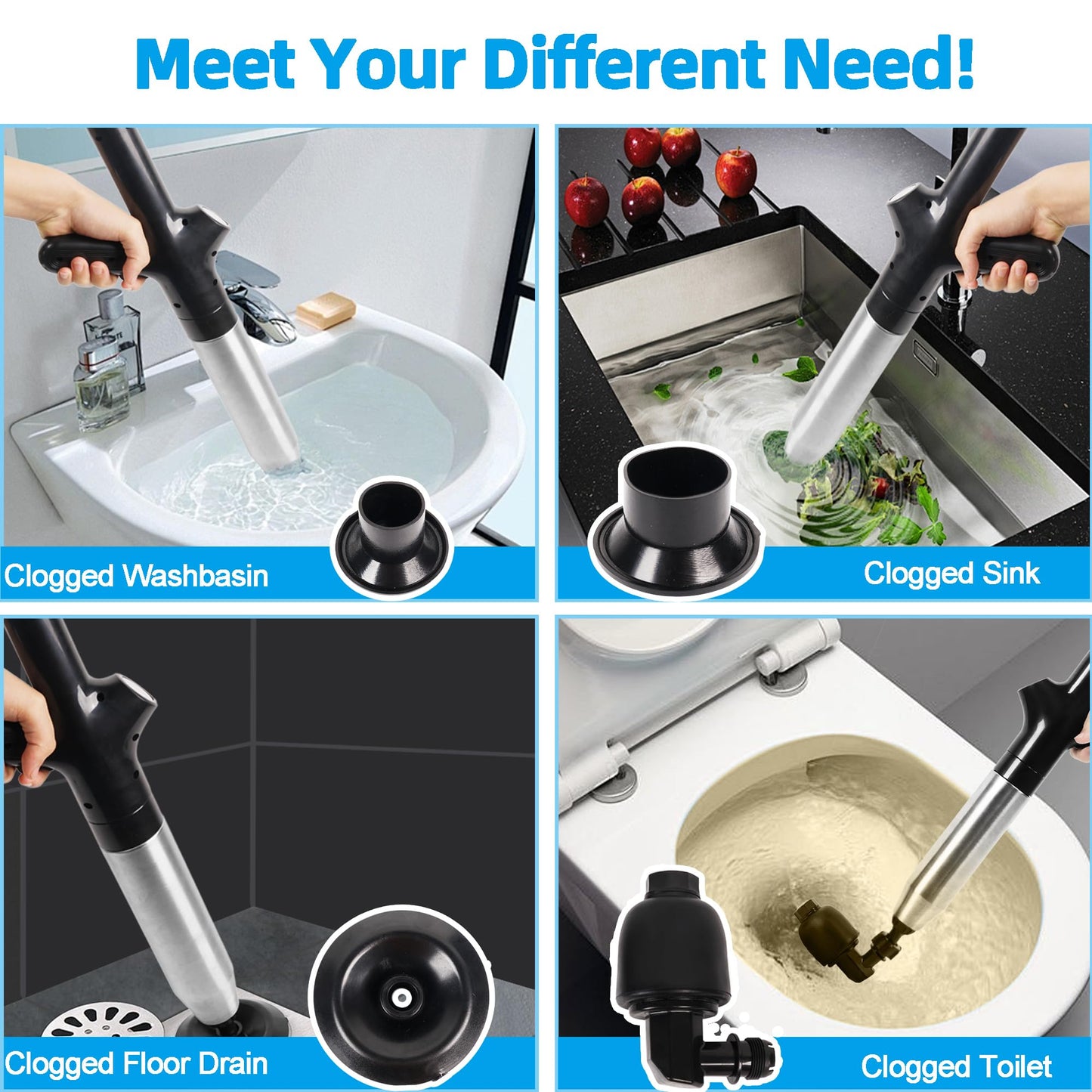 Air Toilet Plunger, Drain Clog Remover, High-Pressure Air Drain Blaster with Real-Time Barometer Powerful Drain Snake Sink Plunger Plumbing Tools, Plungers for Bathroom Sink Floor Kitchen Clogged