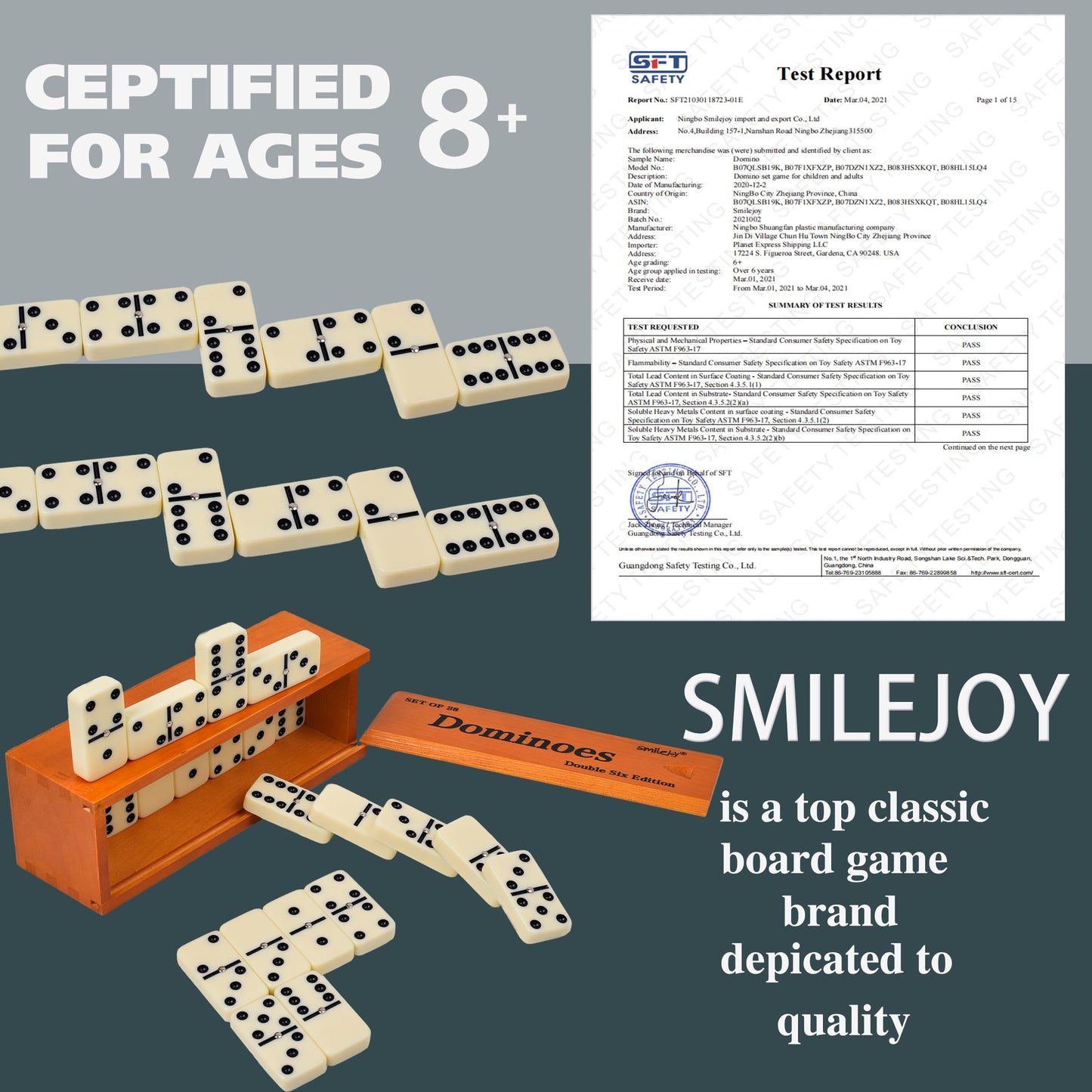Smilejoy Domino Set for Adults, Double Six Jumbo Dominos Set,Thick Size Domino Game, Double 6 Dominoes for Family Games for Adults and Elderly, Jumbo 28 Tiles with Prime Brown Wood Box (2-4 Players)