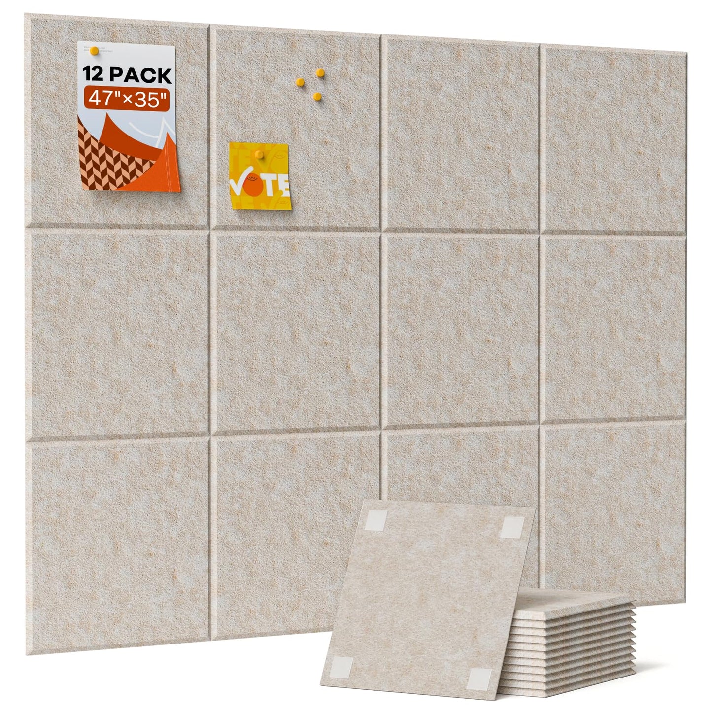 Soundsbay Acoustic Panels, 12 Pack Acoustic Wall Panels with 60 Adhesive Tapes, for Recording Studios, Home Office, Ceiling, Door 12" X 12" X 0.4", Square, Beige