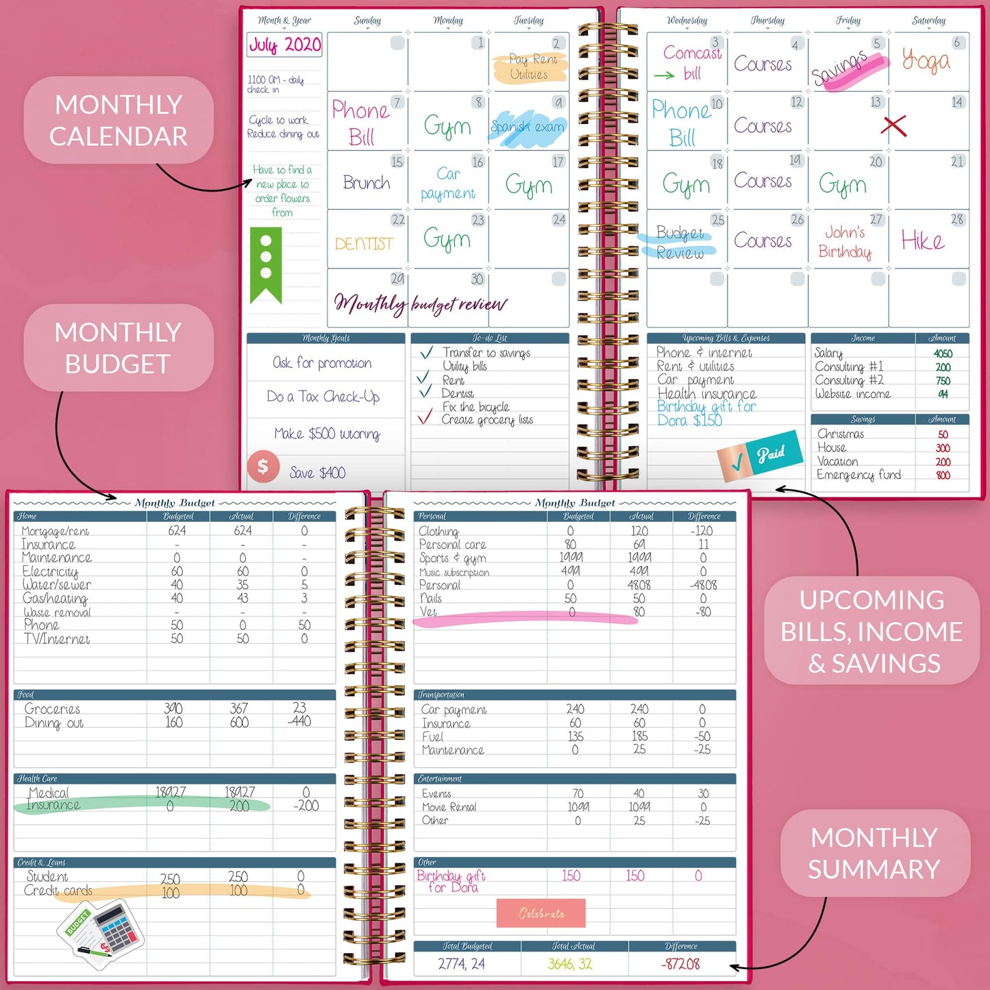 GoGirl Budget Planner & Monthly Bill Organizer – Monthly Financial Book with Pockets. Expense Tracker Notebook Journal to Control Your Money, A4-sized Spiral-bound Hardcover, Lasts 1 year – Hot Pink