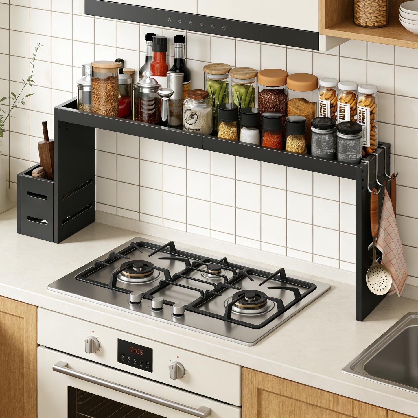 Over The Stove Shelf, Bamboo Stove Top Spice Rack Organizer 31 in Countertop Storage with Utensil Holder, 6 Hooks, Fit Stove, Kitchen Counter, Stove Top Shelf for Spice, Jar, Cooking Tool Black