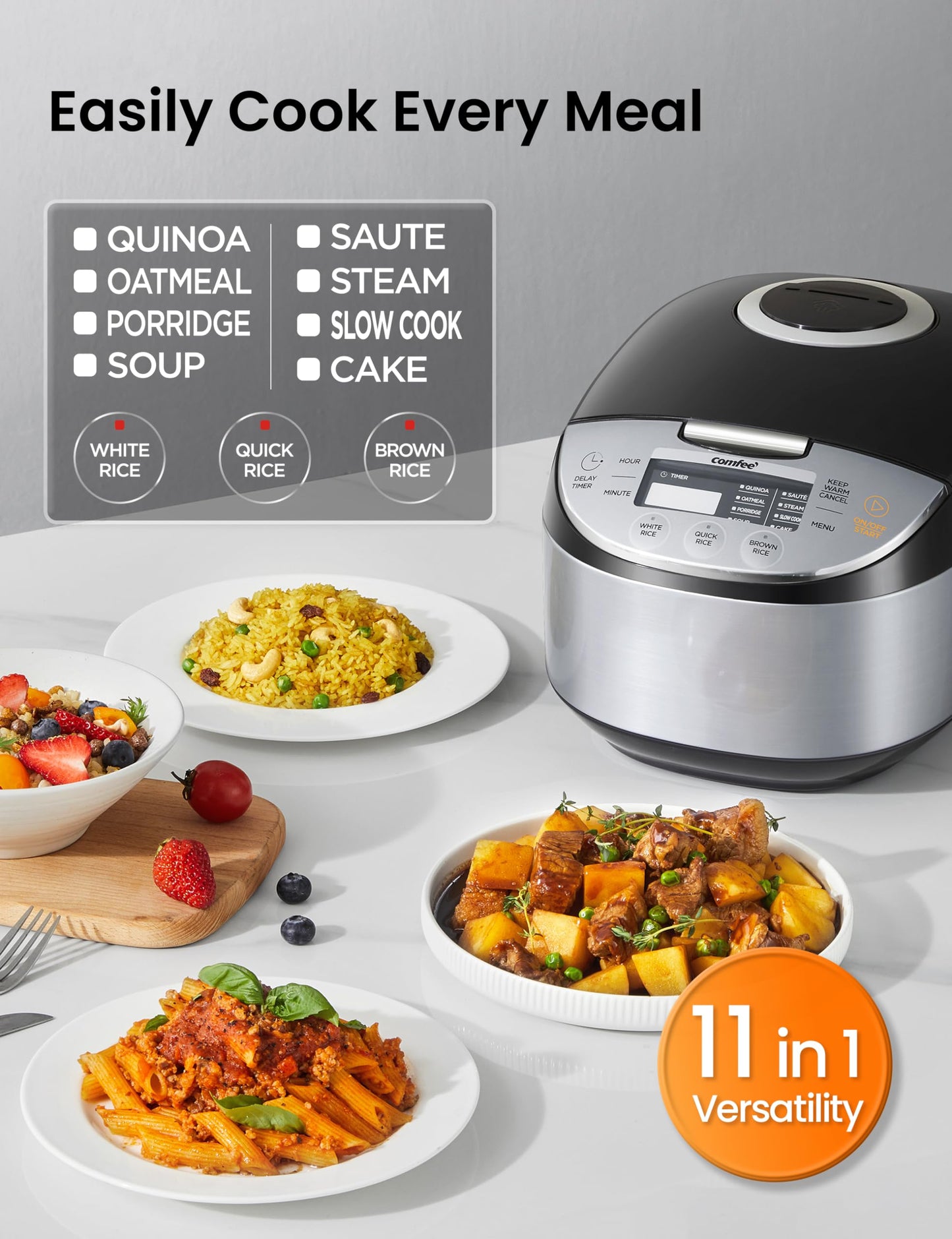 COMFEE' Rice Cooker 6 Cups Uncooked, Portable Non-Stick Rice Maker, Japanese Rice Cooker with Fuzzy Logic Technology, 24-Hour Timer Delay, 11 Presets, Black