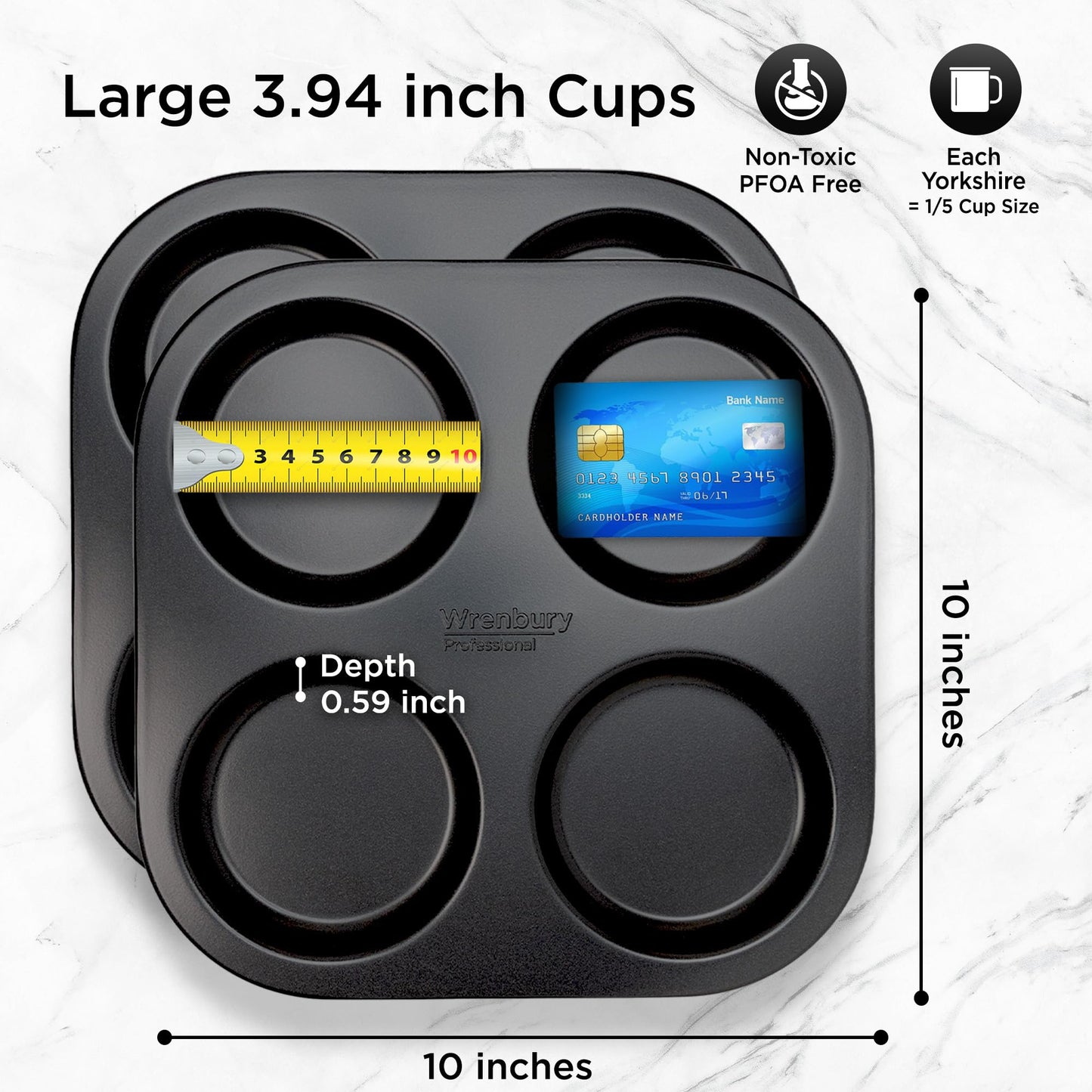 Wrenbury Yorkshire Pudding Tray 4 Cup Twin Pack | Robust Non Stick Yorkshire Pudding Pan Tin – 10 Year Quality Guarantee Baking Tray Christmas Yorkshire Puddings (Set of 2)