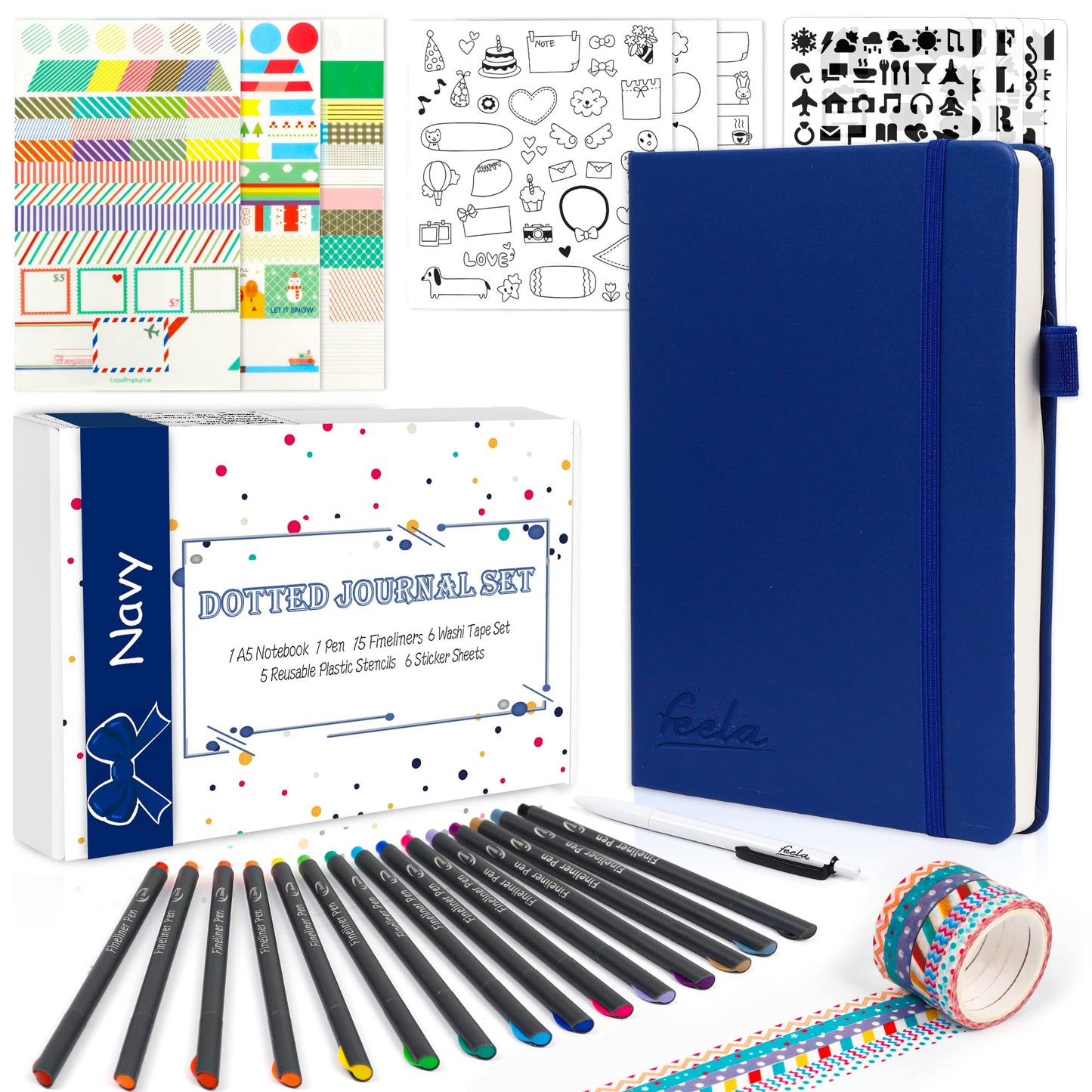 Dotted Journal Set, 224 Numbered Pages Faux Leather A5 Grid Hard Cover Navy Notebook Planner with Index Inner Pocket, Abundant Accessories for Beginners Planner Schedule by Feela