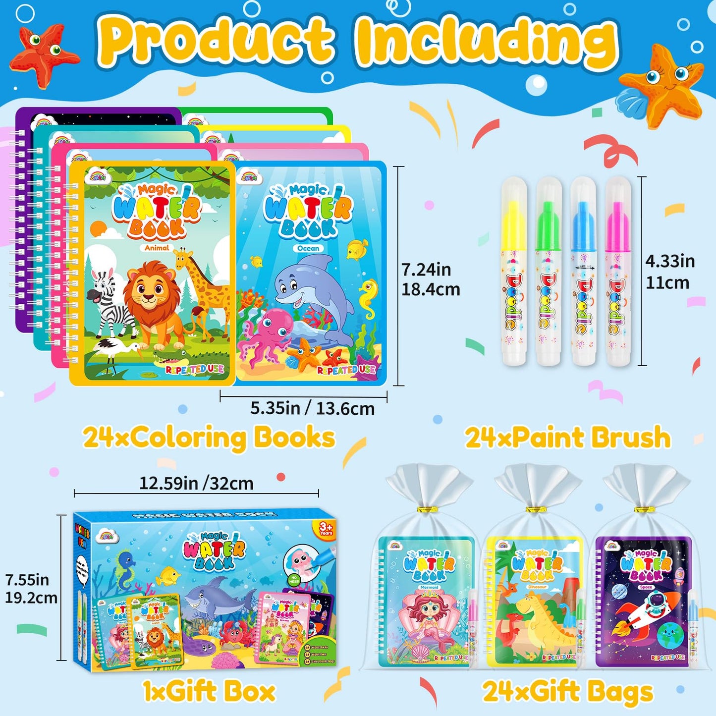 ZMLM 24 Water Painting Books for Toddlers - Reusable Water Coloring Book with Pen,Magic Paint with Doodle Books for 3 4 5 6 7 8 Years Old Drawing Set Travel Toys Gift for Girl Boy (Classic)
