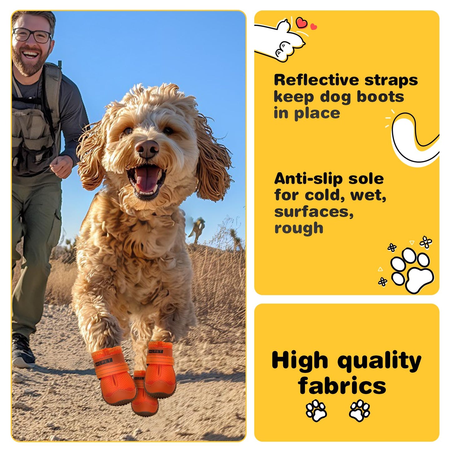 Hcpet Dog Shoes for Large Dogs, Breathable Dog Booties for Small Medium Dogs, Anti-Slip Dog Boots & Paw Protectors for Hot Pavement Winter Snow Hiking with Reflective Straps Orange Size 4