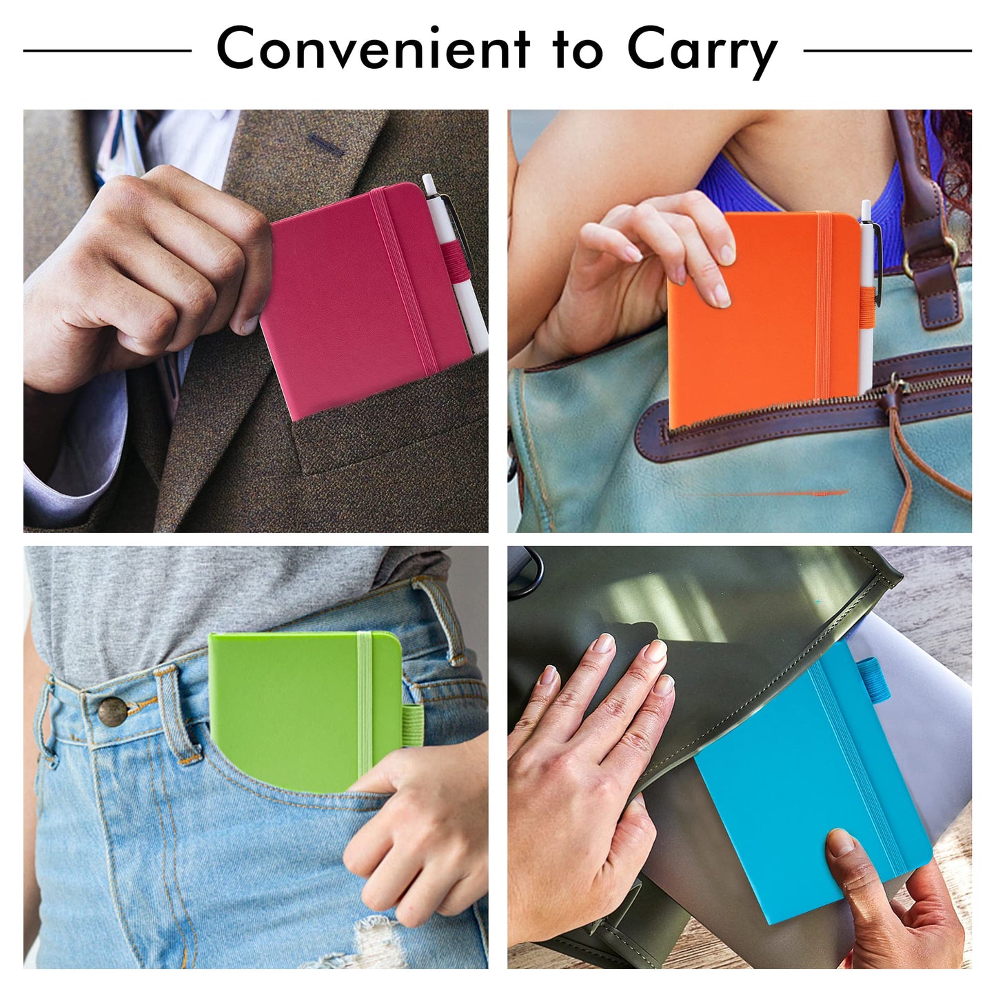 feela Pocket Small Notebooks Bulk, Mini Cute Notepads Hardcover College Ruled Lined Journals with Pen Holder for School Business Memos, with 15 Black Pens, 3.5”x 5.5”, 15 Pack, A6, Solid Colors