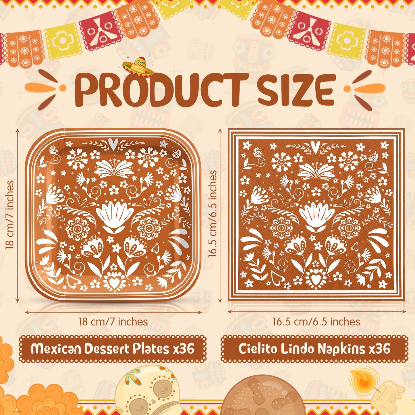 Zhehao 72 Pcs Cielito Lindo Plates and Napkin Set Serve 36 Platos De Barro Mexicanos for Mexican Cielito Lindo Party Supplies 7" Fiesta Terracotta Clay Pottery Disposable Decoration