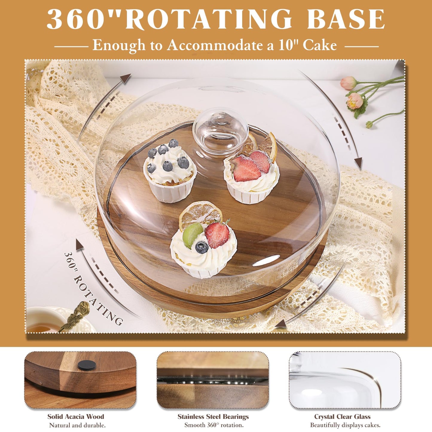 Glass Cake Stand with Dome Lid, 12" Rotating Acacia Wood Cake Plate with Lid, Includes 2 Extra Cake Boards, Round Cake Holder for Wedding, Birthdays, Party Display, Charcuterie Tray