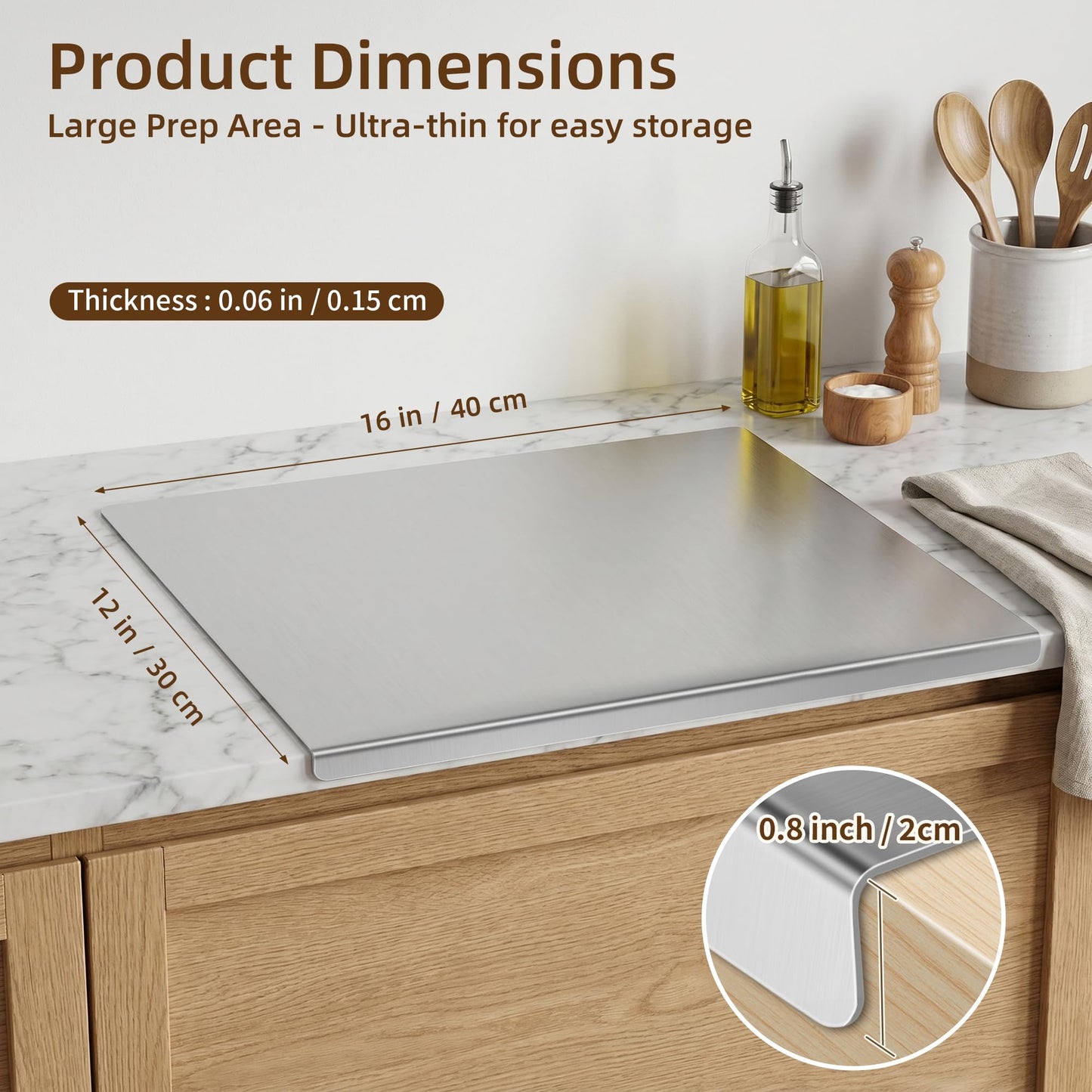 2-Piece Stainless Steel Cutting Board with Lip, 16" x 12" Kitchen Chopping Boards for Countertop, Double-Sided Food-Grade Metal Cutting Board, L-Shaped Edge Chopping Mats for Kitchen Prep & Baking