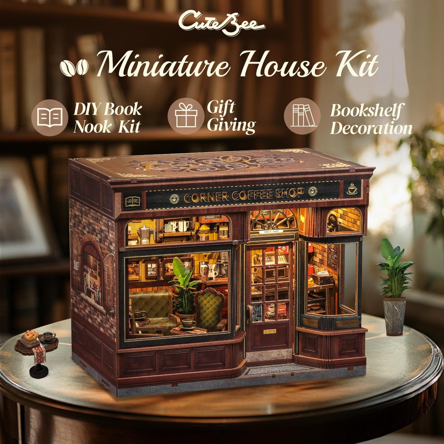CUTEBEE Book Nook Kit - DIY Miniature House Dollhouse Kit for Adults and Teens, Booknook Tiny Japanese House Bookshelf Decor 3D Wooden Puzzle, Gifts for Family, Friends (Corner Coffee Shop)