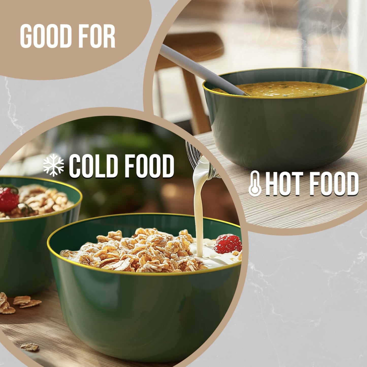 Trendables 24 oz Plastic Bowls Set - Fancy Serving Bowls - Perfect for Ice Cream, Salad, Candy - Disposable (1, Green Gold Rimmed)