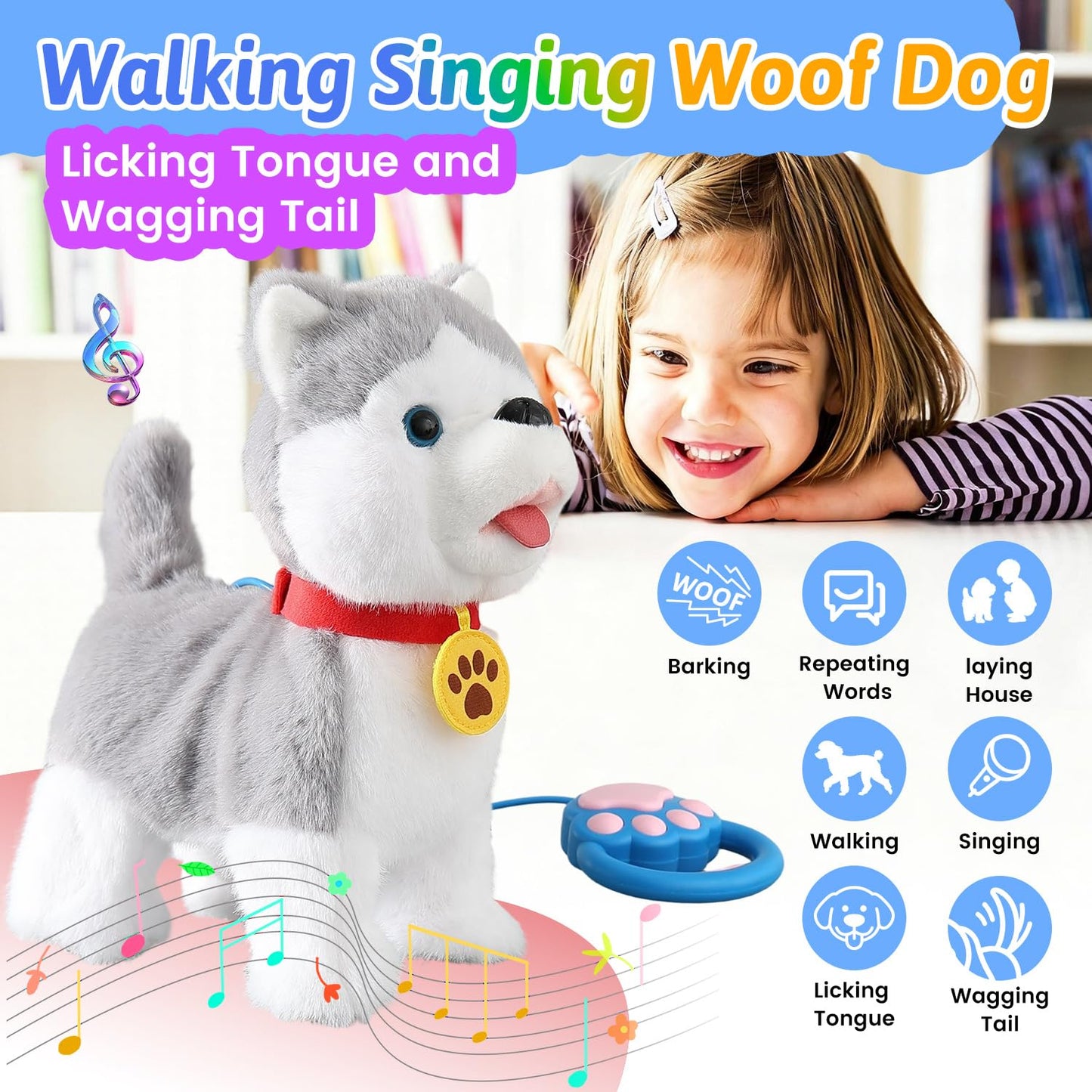Walking Barking Singing Husky Puppy Toy, Repeats What You Say, Realistic Licking Tongue Wagging Tail Mechanical Dog with Electronic Touch or Voice Control, Interactive Music Dancing Plush Pet for Kids