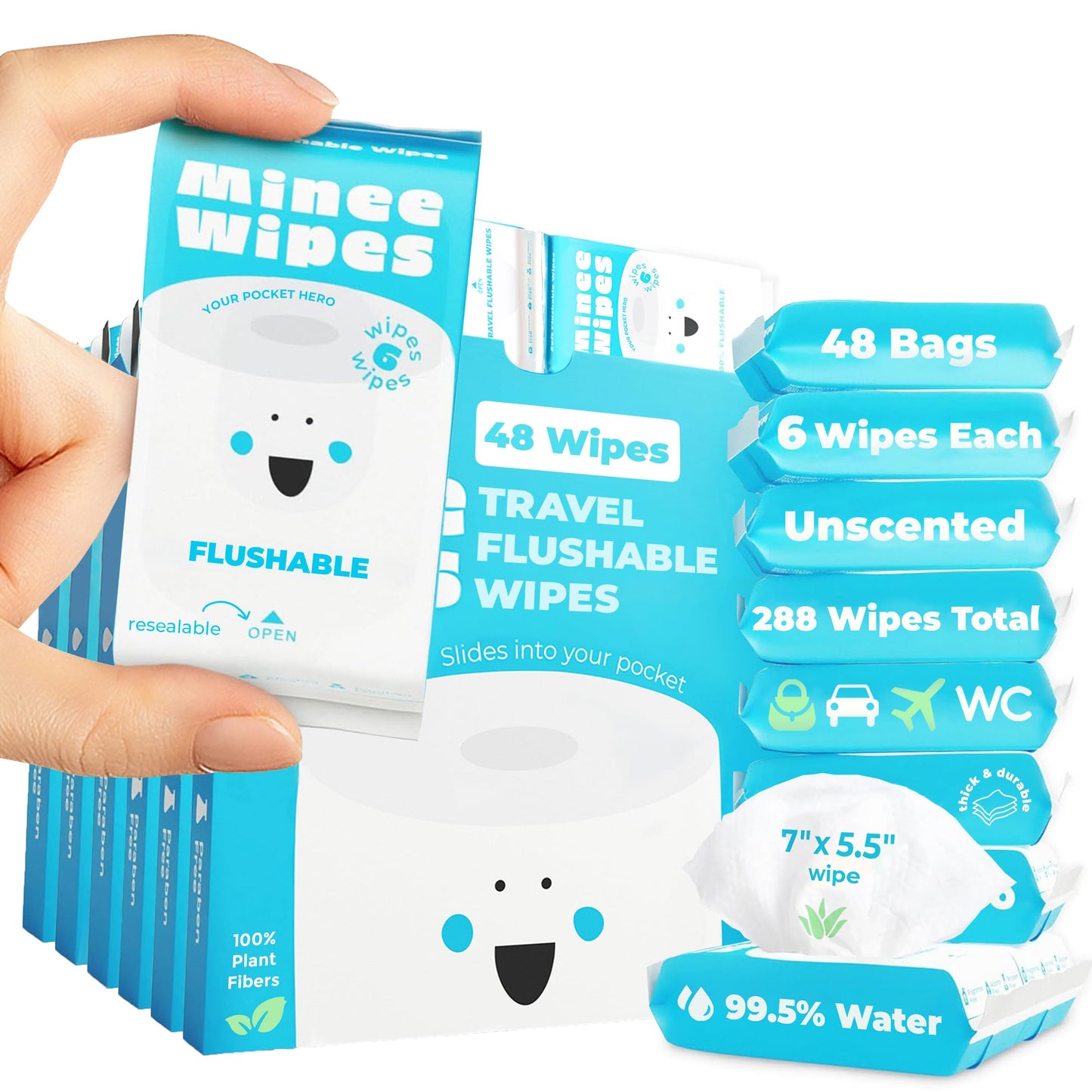 Impossibly Compact Travel Flushable Wipes - 99.5% Water and Aloe - Safe for Sensitive Skin, Hypoallergenic & Unscented - Travel Essentials for Adults, Kids & Baby Care - 48 Pack Total 288 Wipes