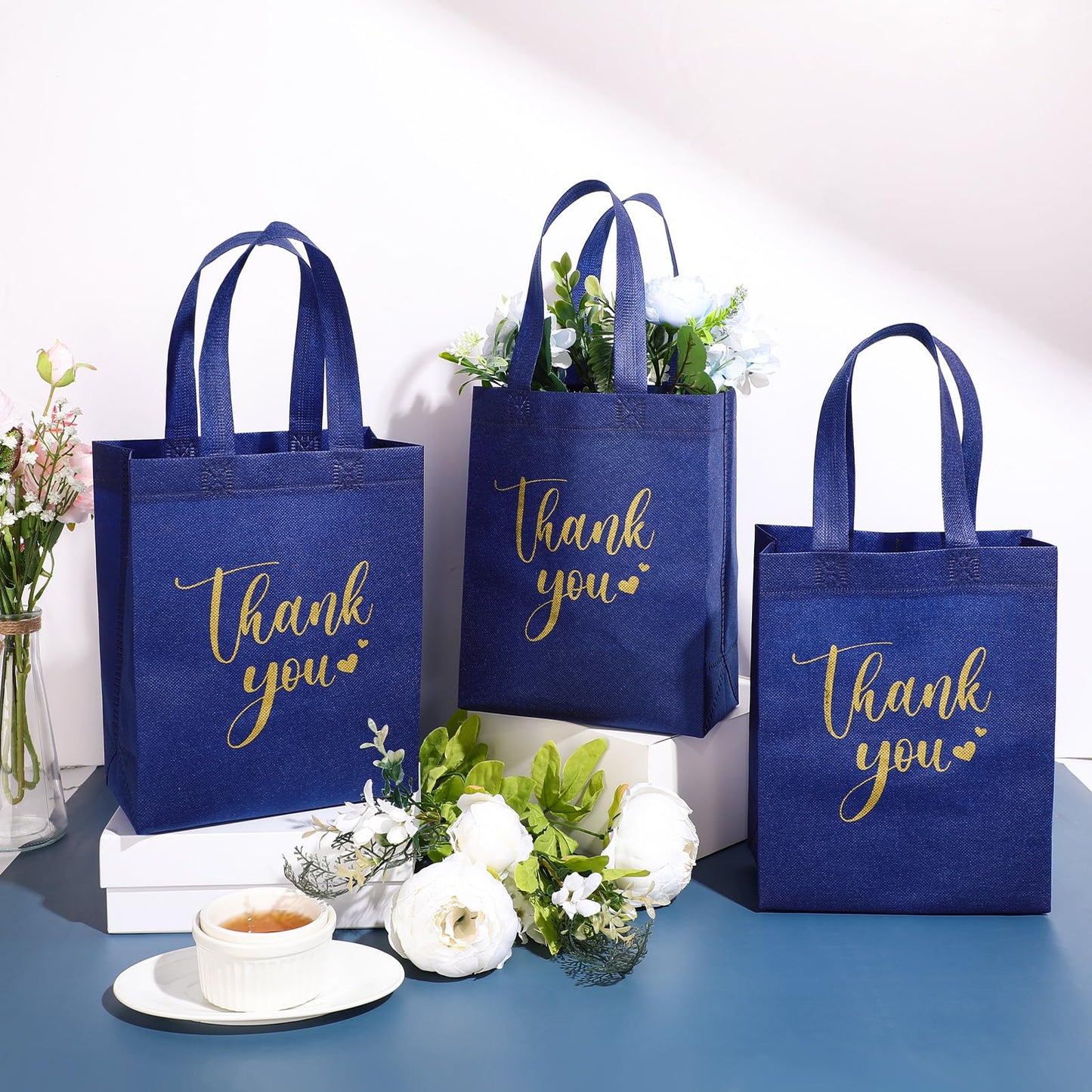 Sweetude 80 Pcs Thank You Gift Bags with Handles Bulk Reusable 10 x 8 x 4 Inch Non Woven Employee Appreciation Gift Bags for Bachelorette Wedding Anniversaries(Navy Blue)