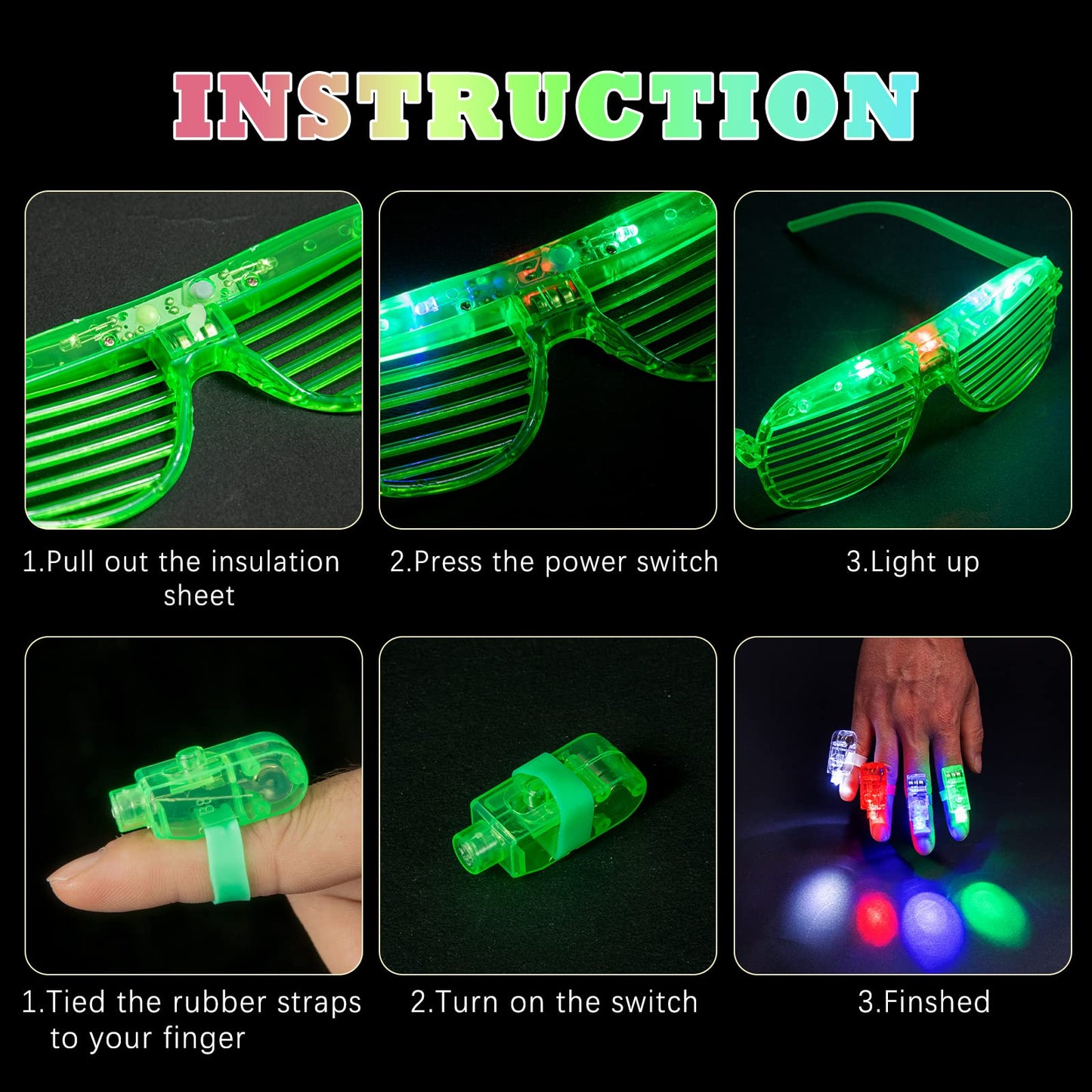 72 Pack LED Light Up Neon Flashing Toys 6 Color Glow in the Dark Party Supplies with 36 LED Glasses Shutter Shades Glow, 36 Finger Ring Lights for Birthday,Easter, Carnival Rave Party