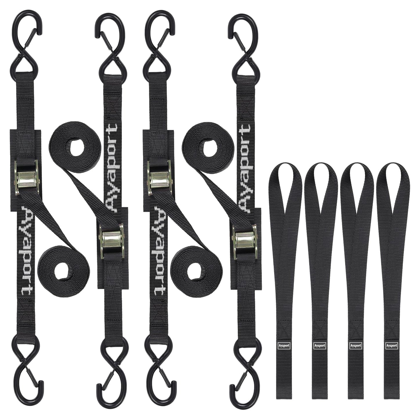 Ayaport Cam Buckle Tie Down Straps 8ft 1250lbs Break Strength 4 pcs Securing Straps with S Hooks for Motorcycle, Car, Truck, Dirt Bike