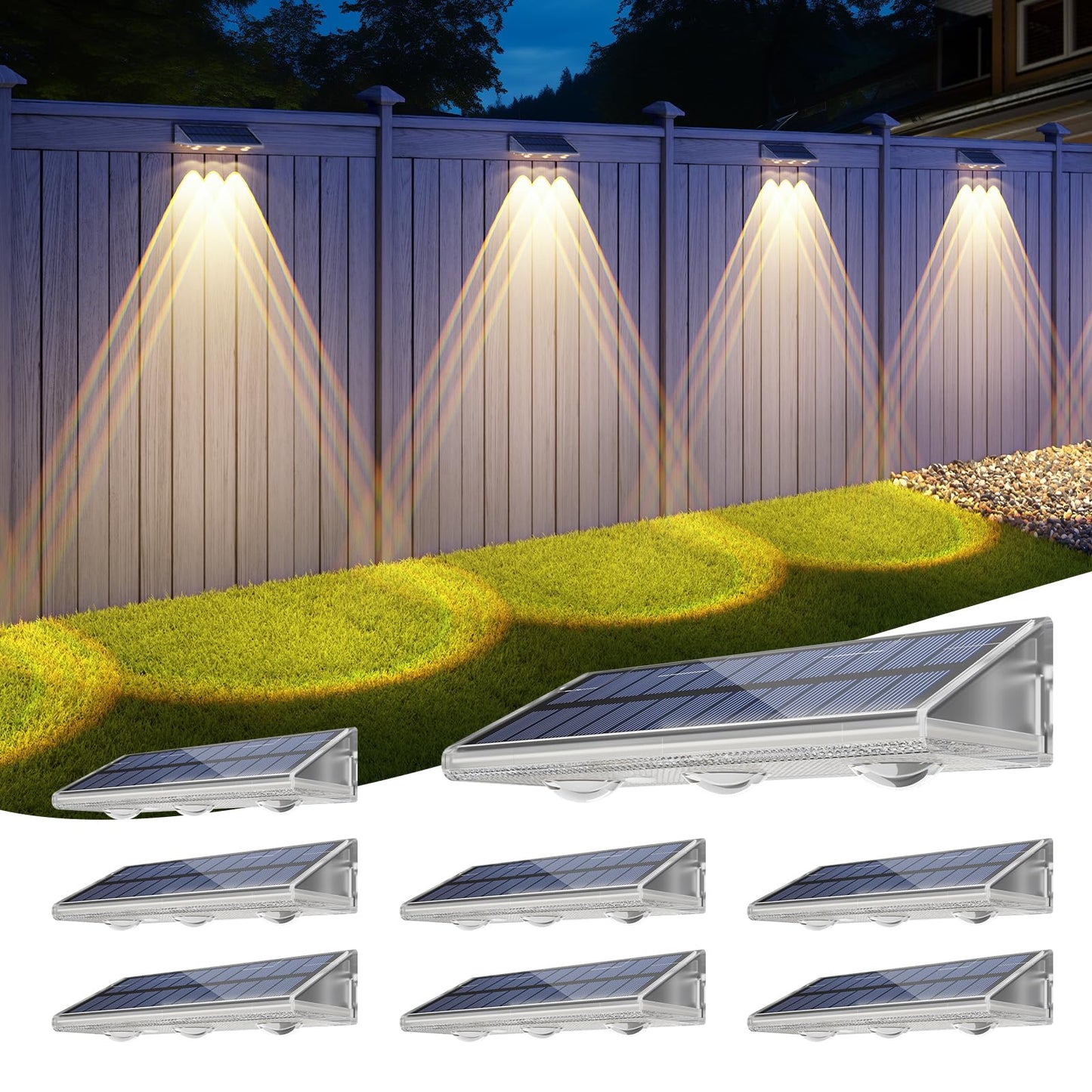 Yilaie Solar Lights Outdoor-IP67 Waterproof 3000K/4500K/6500K,High Brightness LED Solar Fence Lights,Solar Wall Light for Outside Backyard/Railing/Step/Patio/Stair Railings/Pool （8Pack）