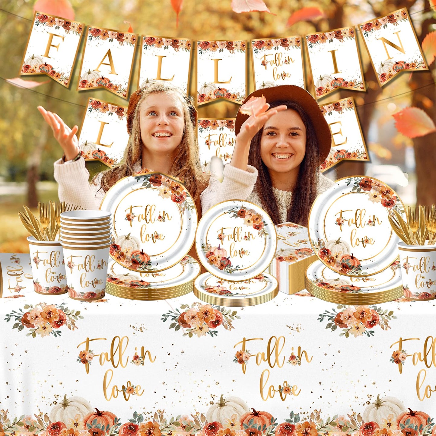 Fall in Love Decoration,142pcs Autumn Fall Tableware Fall Plates Napkins Banner Fall Tablecloth for Thanksgiving Supplies