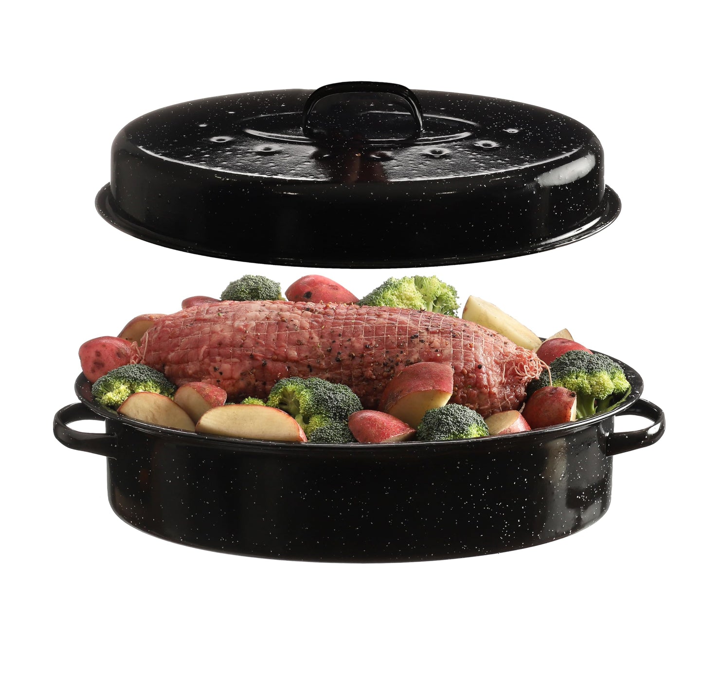GOURMEX 22lb Oval Black Ceramic Enamel Coated Roasting Pan | Dutch Oven Pot With Lid | Dishwasher Safe, Oven Safe, Freezer Safe | Ideal For Chicken, Turkey Roasting Pan