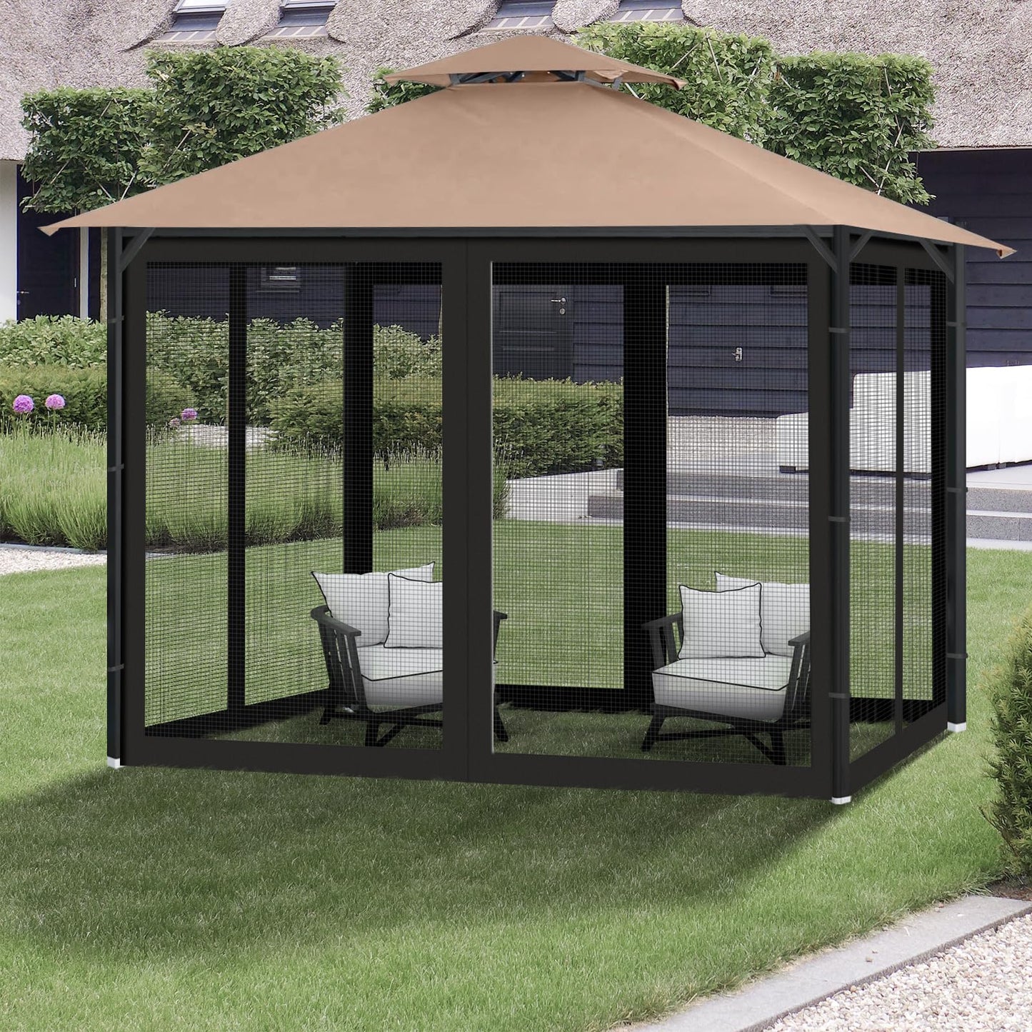 Gazebo Universal Replacement Mosquito Netting, 10' x 12' Outdoor Canopy Net Screen 4-Panel Sidewall Gazebo Curtains, with Zippers, Easy to Install, Fit for Most Gazebos 10x12 Canopy, Patio（Black）