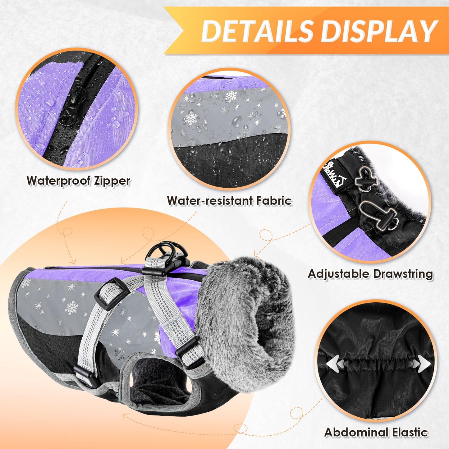 AUTOWT Winter Dog Coat for Medium Large Dogs, Waterproof Dog Coats Warm Jacket with Built in Harness, Adjustable Reflective Fleece Lining Dogs Cold Weather Coat Furry Clothes for Snow,Purple,XXL