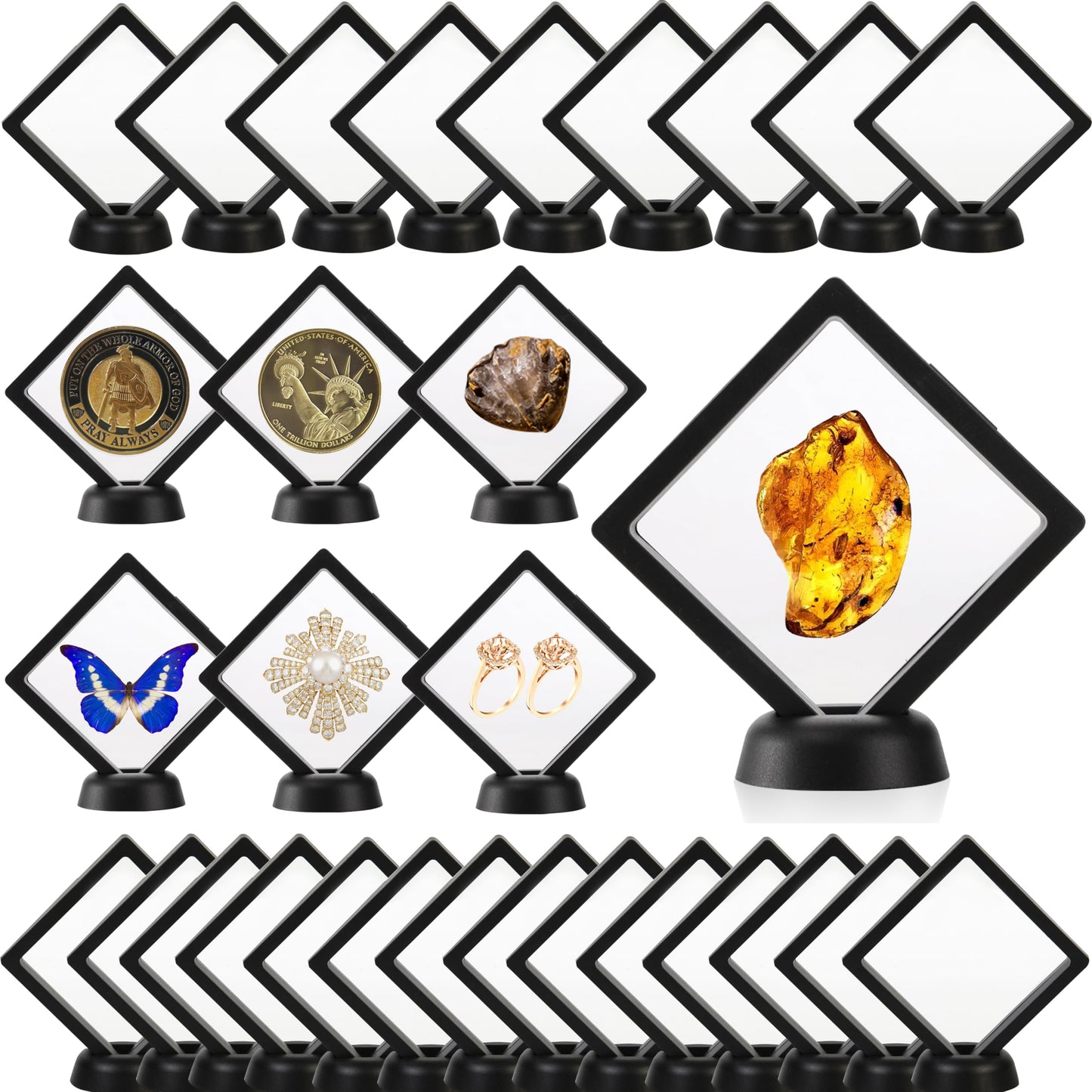 Dicunoy 30PCS Coins Display Case, 3D Floating Display Frame with Stand Holder, 3.5" Antique Challenge Coins Holder for AA Medallion, Jewelry, Shells, Fossils, Gems, Minerals, Rocks, Pins